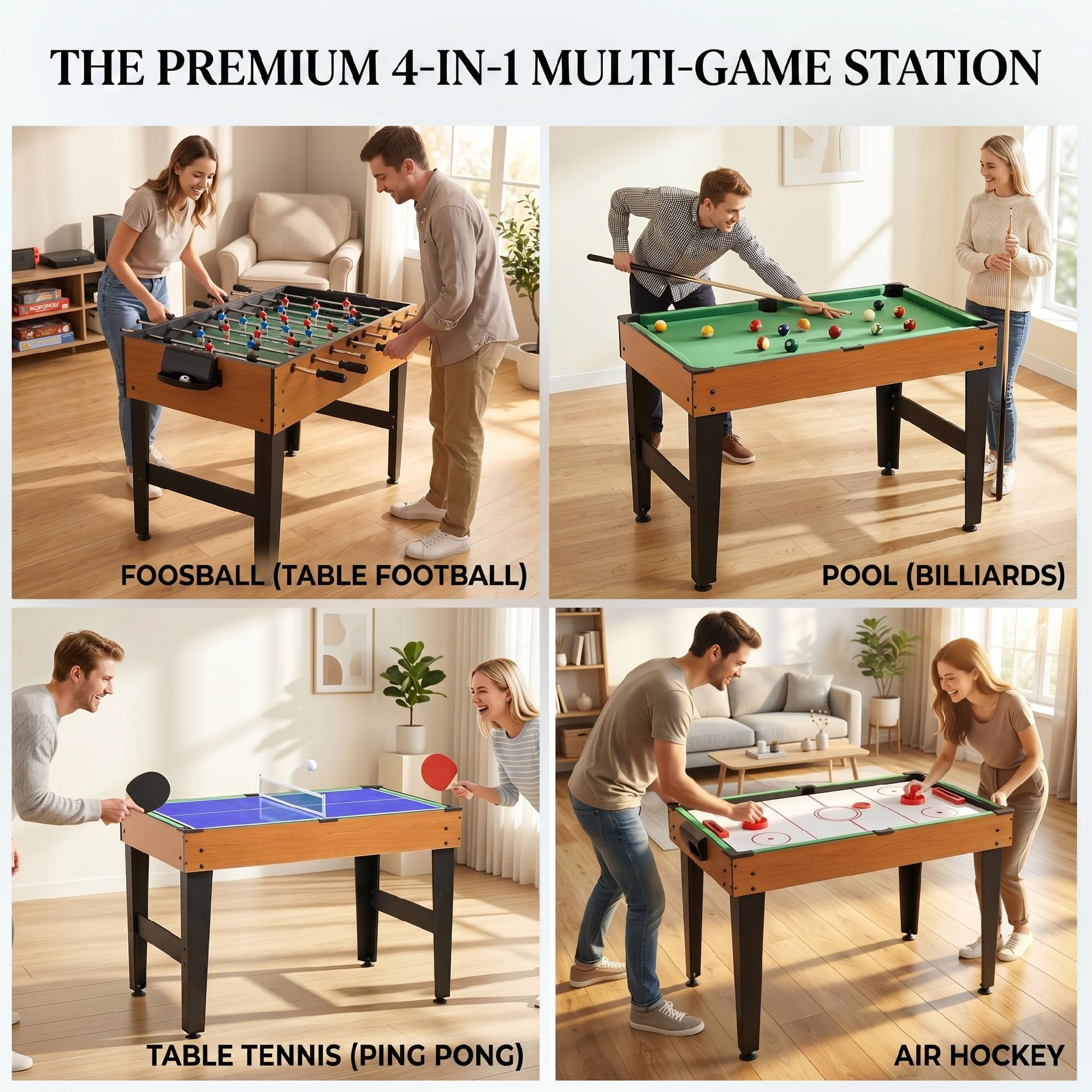 HOMCOM Multi Spieltisch 4-in-1 Tisch mit Tischtennis, Billardtisch, Tischfußball und Zubehör Multifunktionstisch für Erwachsene 107 x 61 x 84,5 cm Schwarz Naturholz