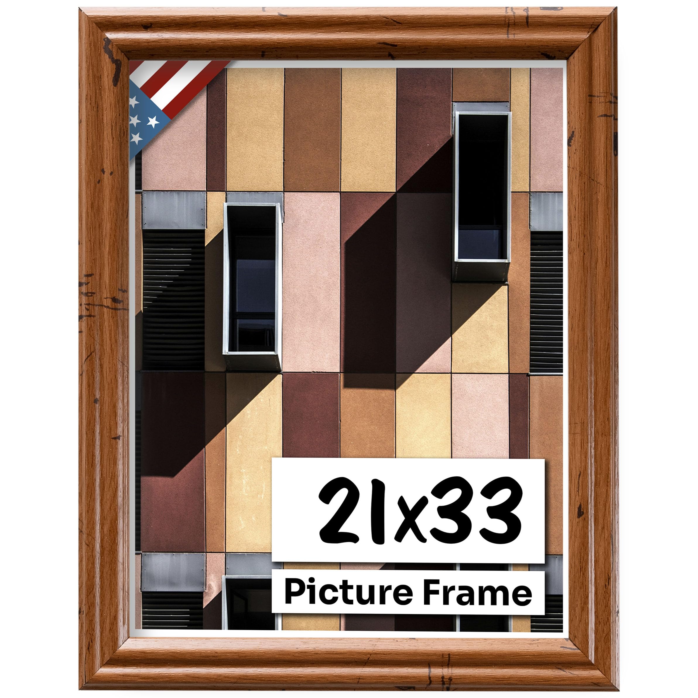 US Art Distressed Oak 21x33 Picture Frame .75" Inch Wide - Handmade American Solid Wood Picture Frames with Preinstalled Hangers and UV Blocking
