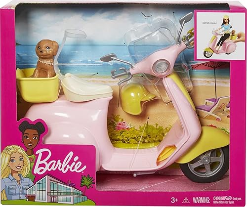 Miniatura 6 de Barbie Scooter con accesorio para cachorro y casco, ciclomotor rosa y amarillo con canasta, soporte y clip de asiento para muñeca