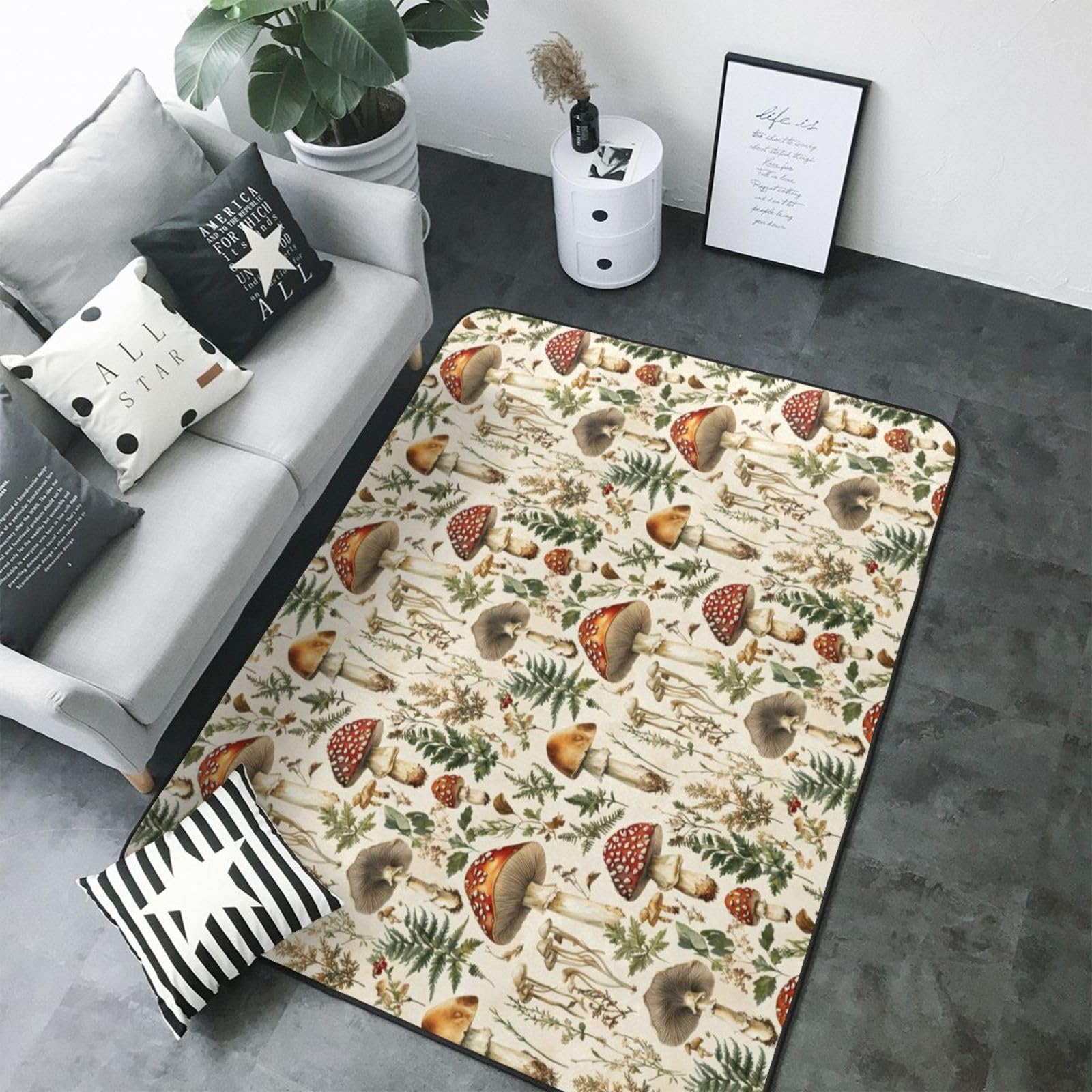 Grand tapis pour salon rétro à imprimé champignons antidérapant et idéal pour une chambre d'enfant