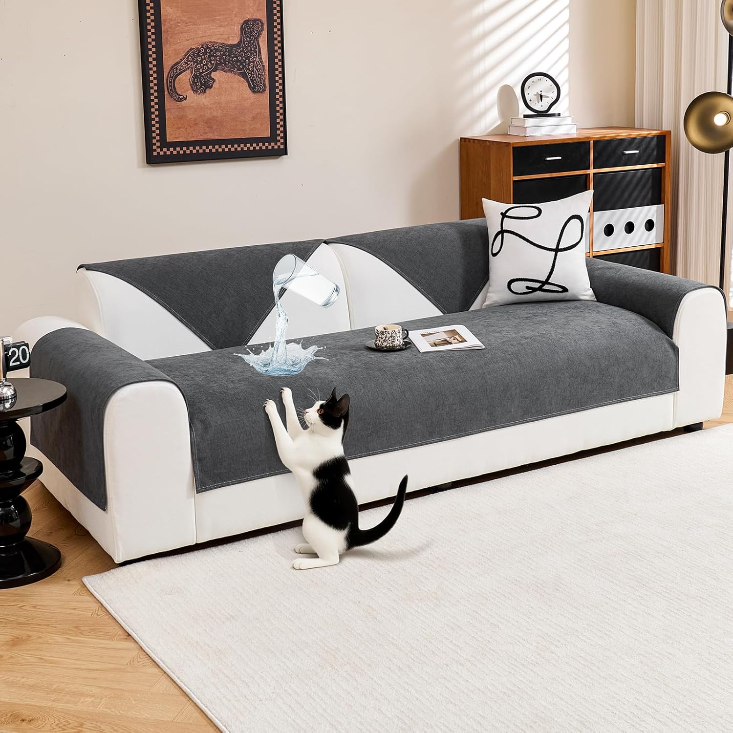 Deep Dream Cat-Scratch Resistant Couch Cover, Waterproof Sectional Sofa Cover, Anti Slip Sofa Covers for 3 Cushion Couch Washable, Couch Protector for Pets(Dark Grey,1 PCS 36" x 63")
