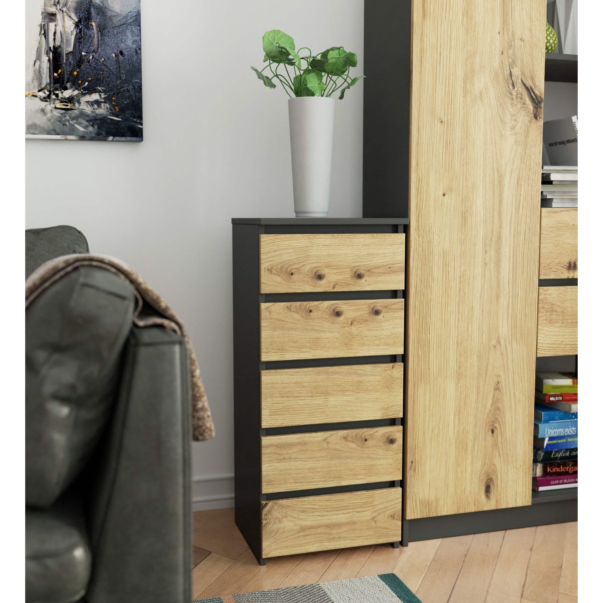 AKORD | Cassettiera a 5 Cassetti | Credenza Alta | Moderna Mobiletto per Soggiorno Sala da Pranzo Camera da Letto Corridoio Bagno | Armadio Cameretta | 35x40x92 cm | Grigio grafite |Rovere artigianale