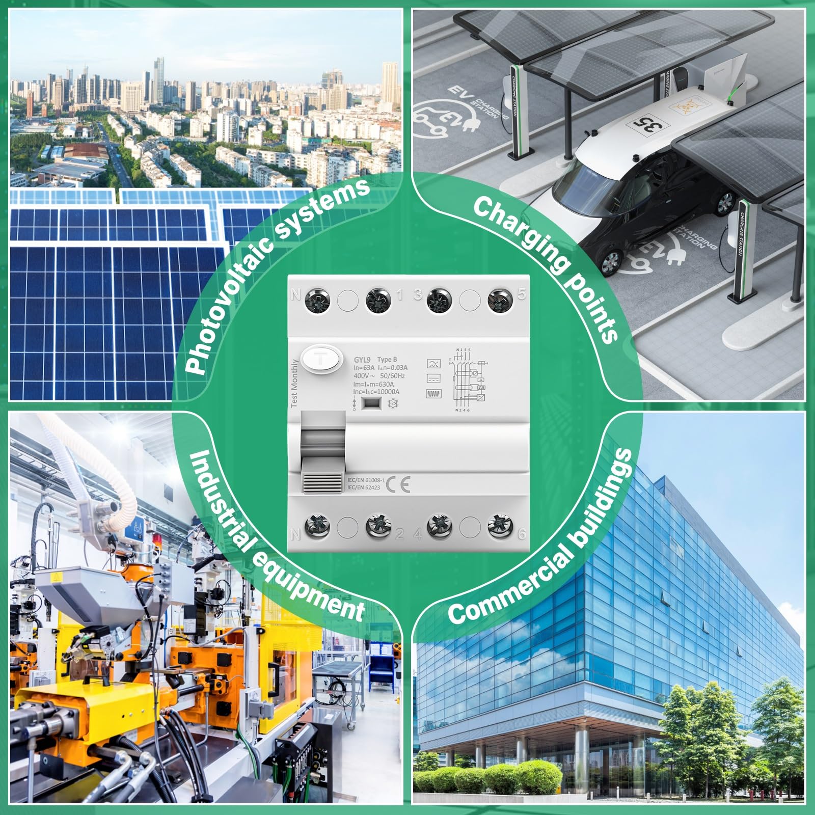 Jadeshay Disyuntor Diferencial Tipo B 3P+N 63A 30mA 400V RCCB Interruptor Diferencial Residual para Sistema Fotovoltaico Estación de Carga y Equipo Industrial