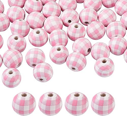 Pandahall - 50 cuentas de madera con estampado de búfalo a cuadros, color rosa y blanco, cuentas redondas de madera para manualidades, guirnalda de