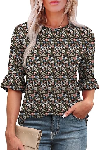 Rapbin Womens 3/4 Length Sleeve Tops Loose Fit Casual Crew Neck Shirts Ruffle Tunic Blouses