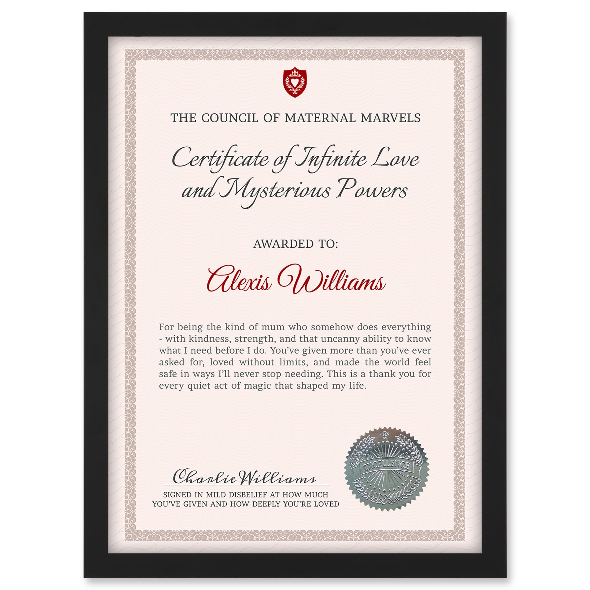 Artery8 Personalised Certificate Mother Infinite Love Mysterious Powers A4 Black Framed Diploma Novelty Award Thank You