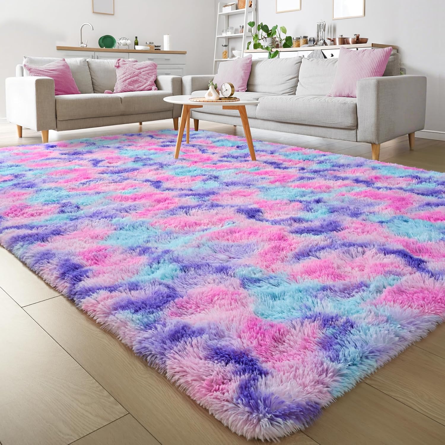 Keeko Fluffy Rainbow Area Rugs for Girls Room, 5x8 Shag Colorful Bedroom Bedside Rug Soft Cute Princess Rug Fuzzy Large Carpet for Kids Teen Girl Boy Toddler Nursery Living Room Decor Hot Pink