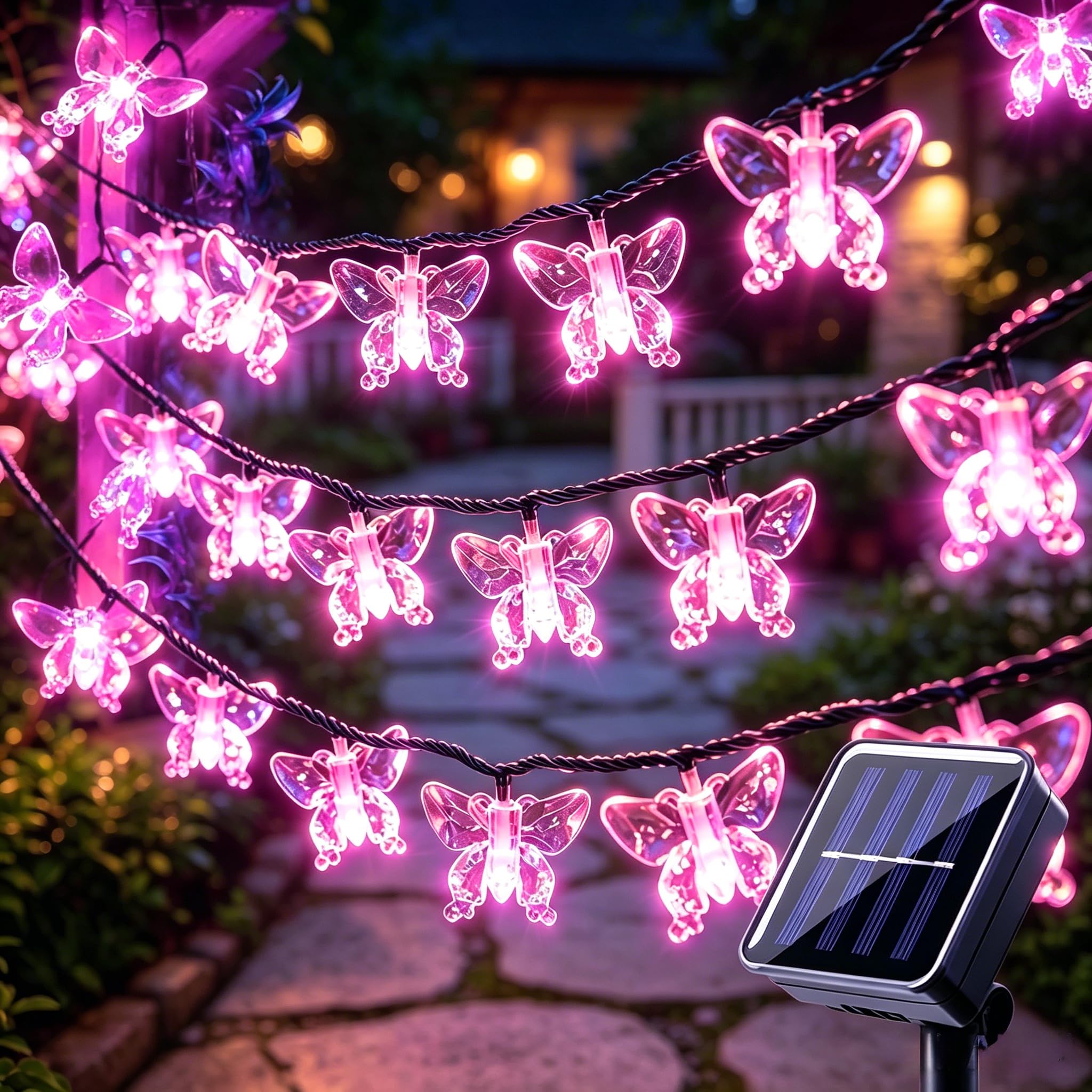VEROHY Butterfly String Lights Outdoor Solar Powered 30 LED 6.5M，Pink