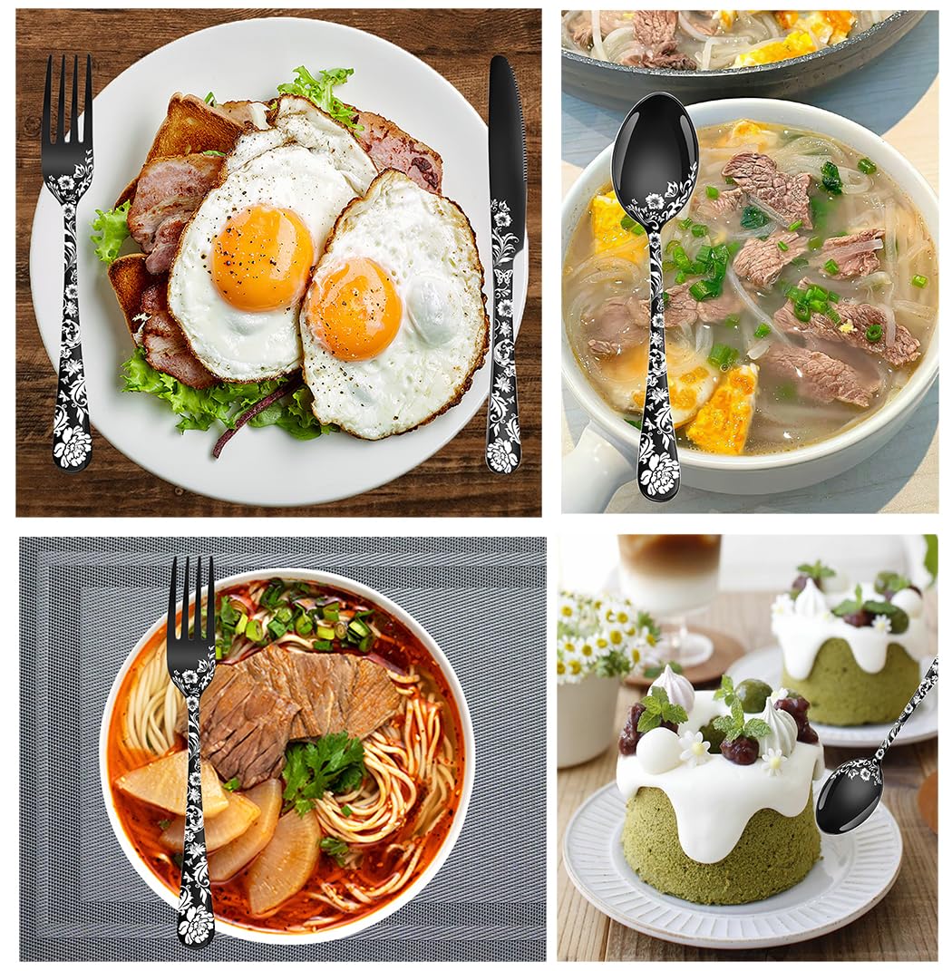 XIAOYU Juego de Cubiertos de 48 Piezas con Cuchillos para Carne, Juego de Cubiertos de Acero Inoxidable para 8 Personas, Juego de Cucharas, Tenedores y Cuchillos con láser único de Flor de peonía