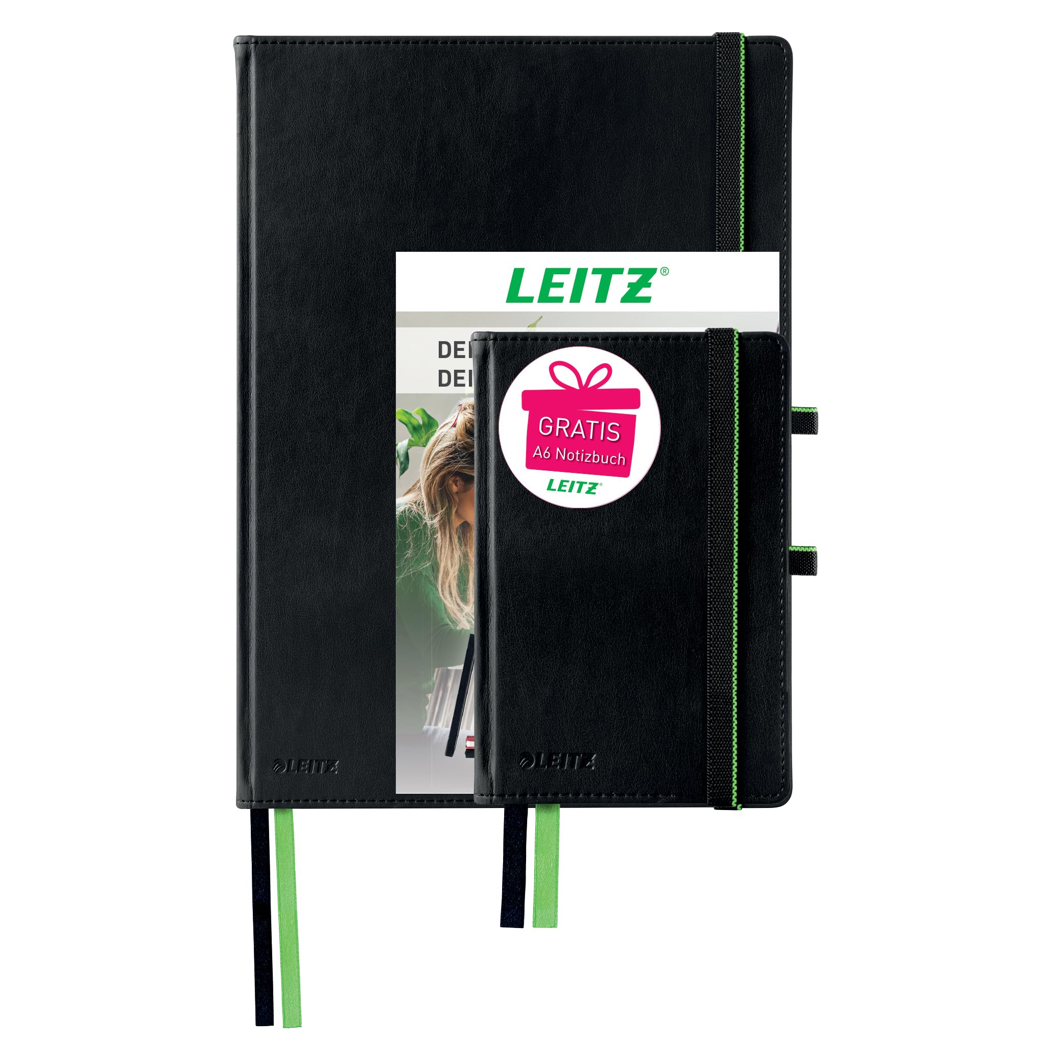 Leitz Complete Set Quality Notebook A4 + A6 Squared 160 Pages Each 80 Sheets Hard Cover High-Quality Cover 100 g/mยฒ Paper FSC Certified Closure Bookmark Loop Black 95860000