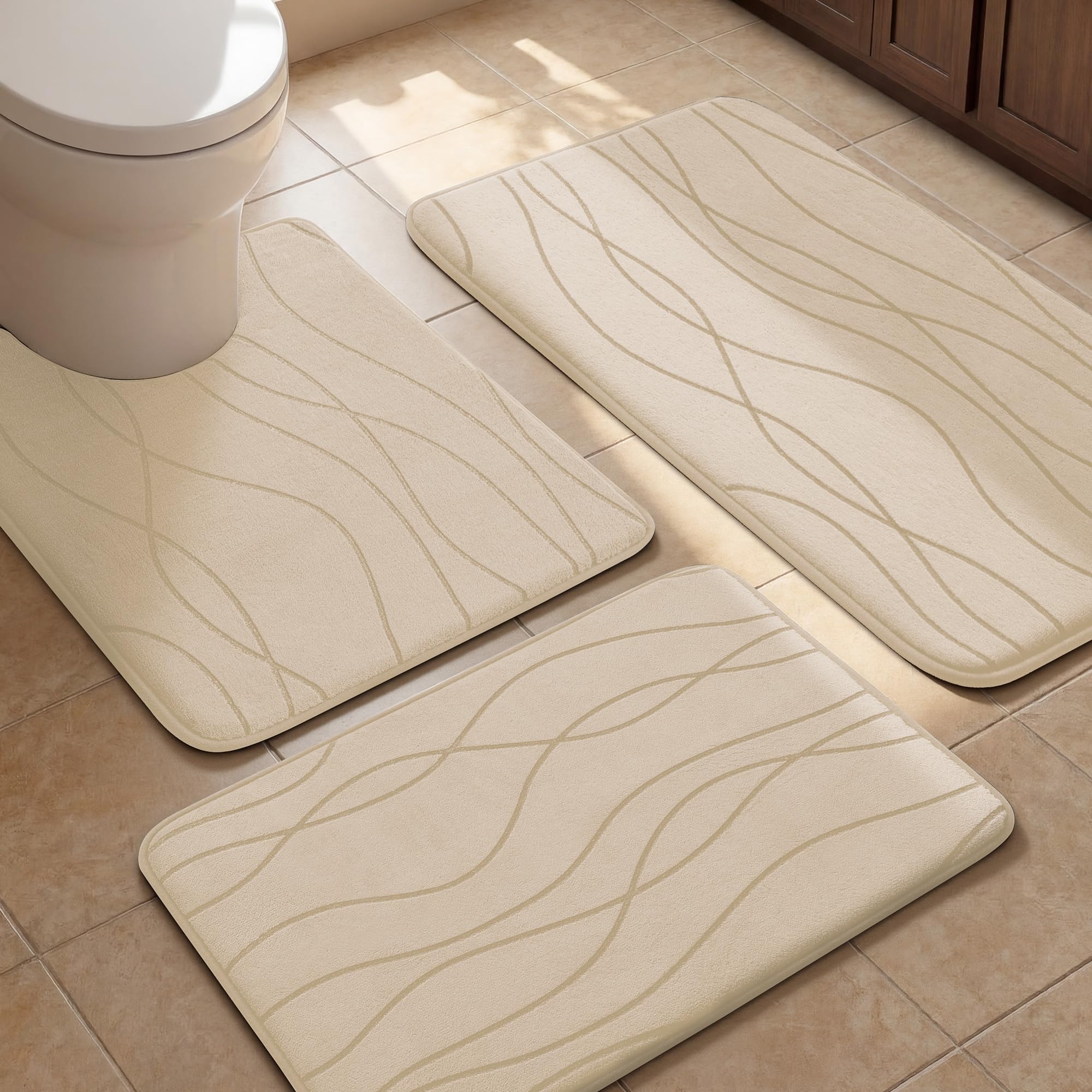 YIHOUSE Bathroom Rugs Set 3 Piece, Memory Foam Bath Mat Khaki