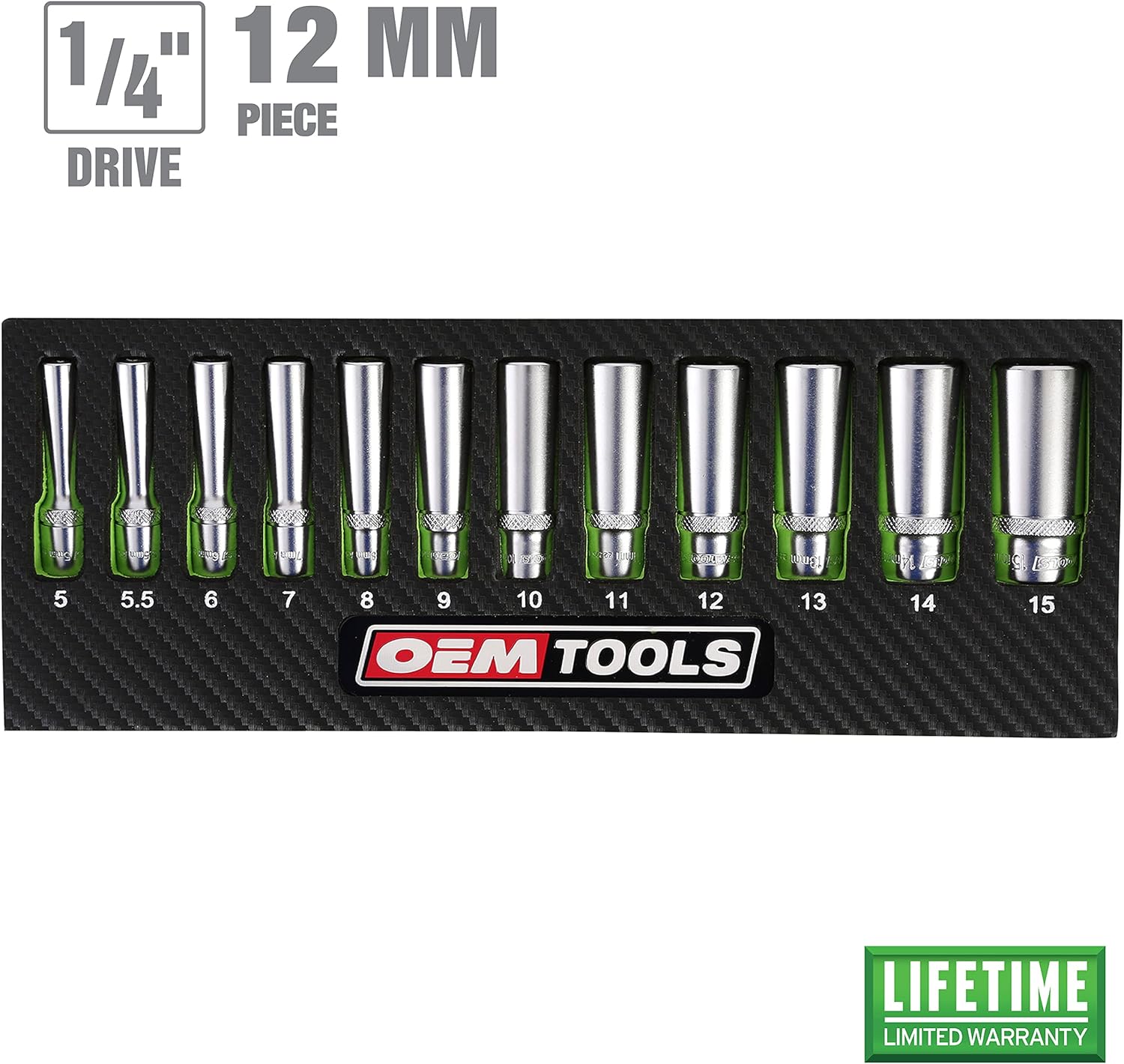 OEMTOOLS 23986 12 Piece Deep 1/4 Drive Socket Set, Deep Socket Set Metric 5-15mm, Heat-Treated Alloy Steel Sockets, Hard Chrome Finish, EVA Tray Storage
