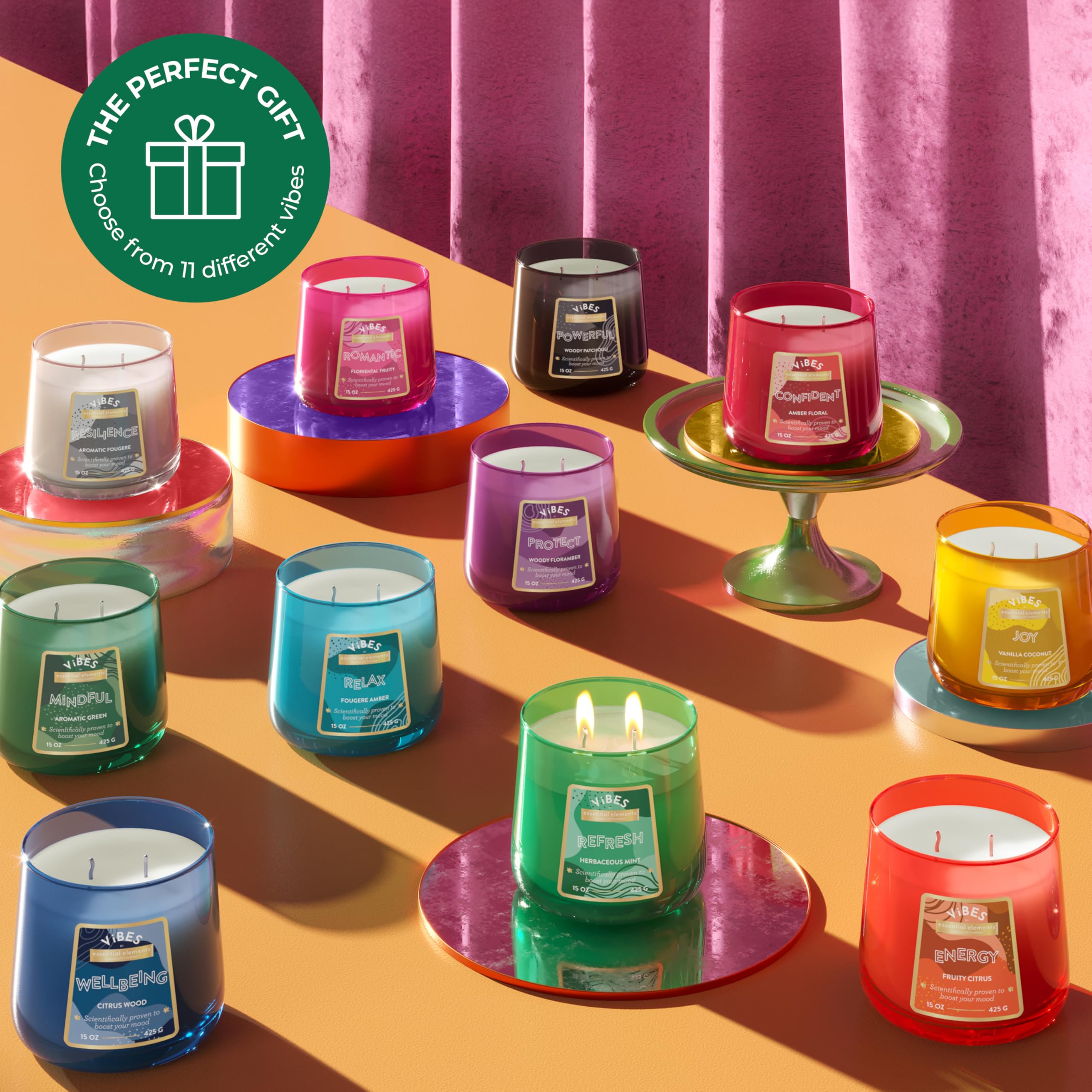 Essential Elements Vibes by Candle-lite Vela perfumada de aromaterapia, 15 onzas, dos mechas, fragancia relajante, ideal para decoración del hogar y regalo, consciente (caja individual)