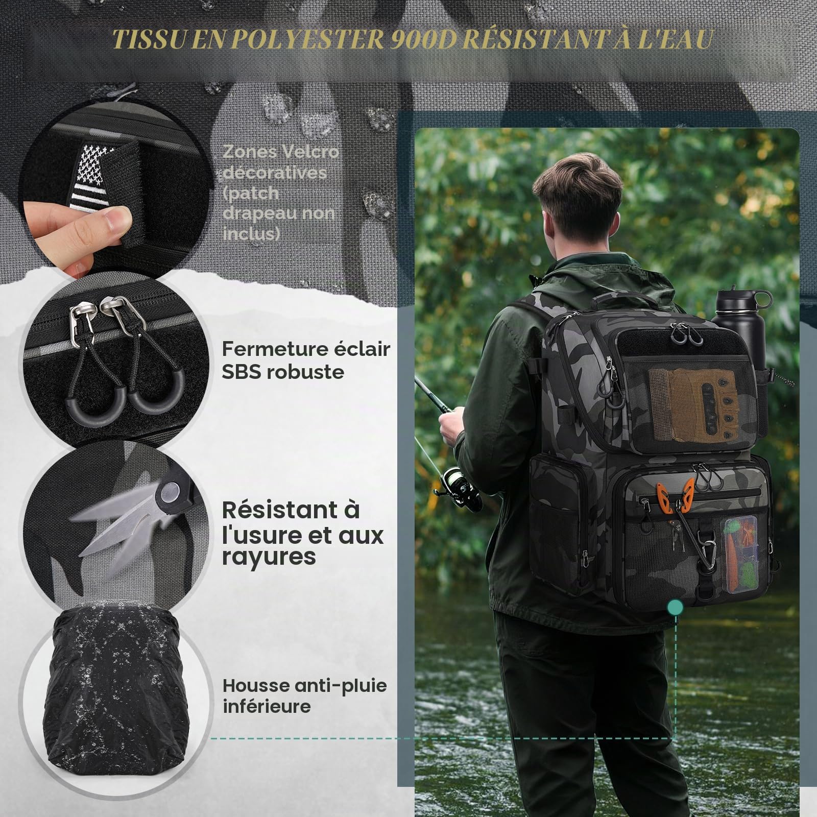 RAINSMORE Sac à Dos de Pêche 45L Imperméable avec Porte-Canne et Housse de Pluie, Grand Sac de Rangement pour Matériel de Pêche, Cadeaux de Pêche pour Hommes, Camouflage