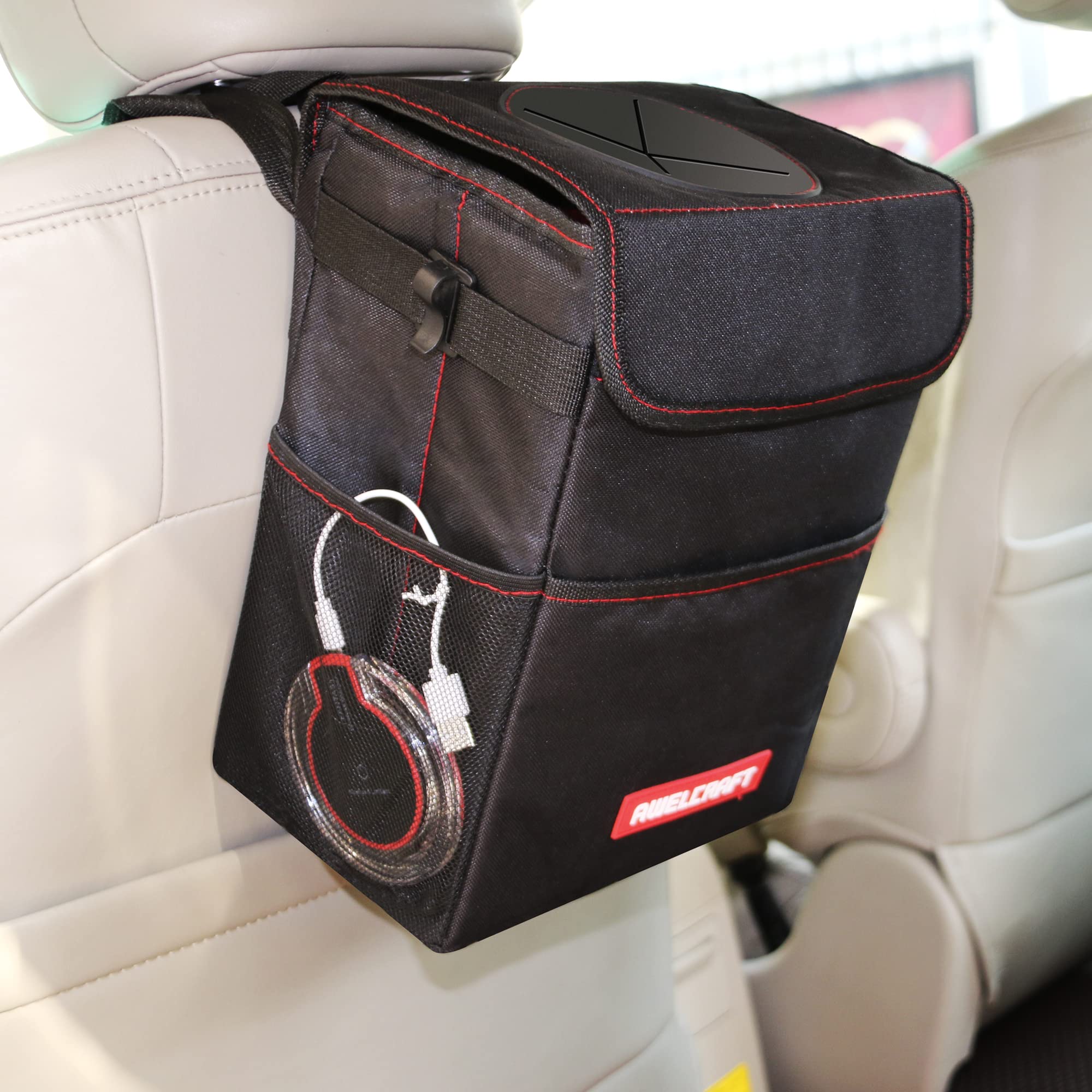 AWELCRAFT Car Trash Can with Lid (3.0 Gallons), 100% Leak-Proof Car Trash Bag Hanging with Storage Pockets, Multifunction Car Garbage Can Collapsible Trash Bin for Car - Large