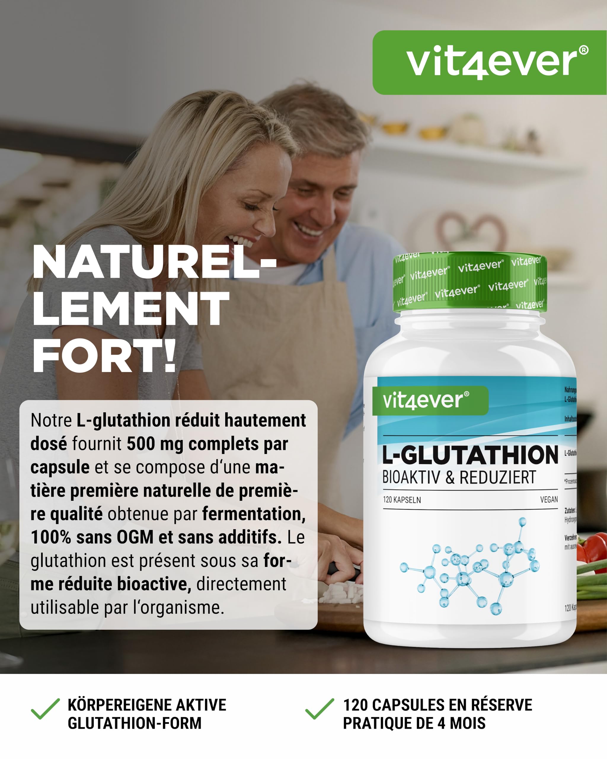 L-Glutathion - 120 Gélules avec 500 mg par Gélule - Premium : Glutathion Réduit & Bioactif Issu de la Fermentation - Hautement Dosé - Vegan