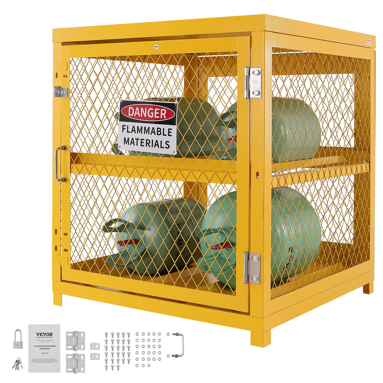 VEVOR Armoire de Sécurité pour Bouteilles de Gaz 78,8x76,3x88,9 cm, Cage pour Bouteille de Propane Capacité 4x15 kg, Revêtement en Poudre Jaune, Cabine de Stockage pour Fréon, Gaz, Oxygène, Azote