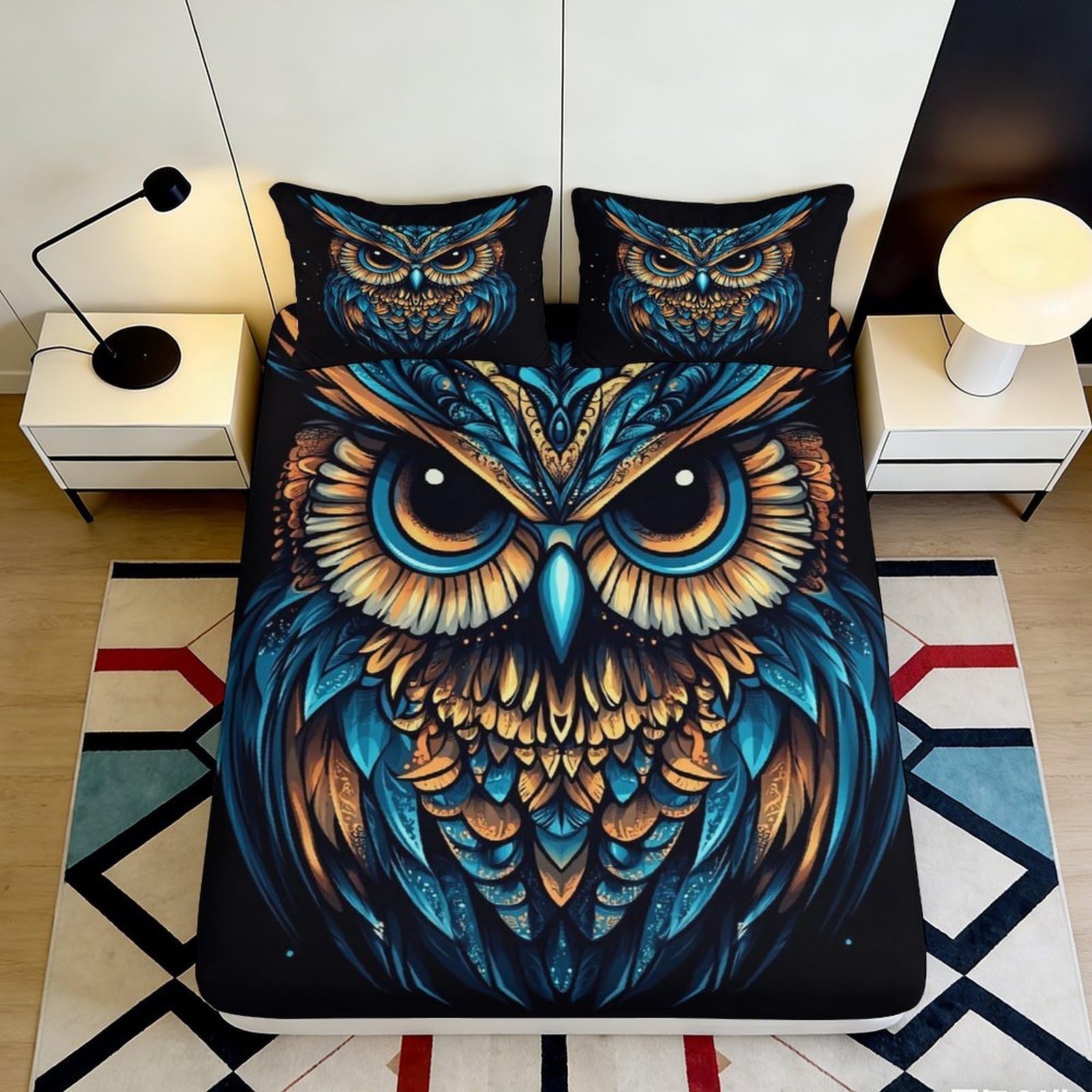 Pnayamiorkfel Style-7 3D Printed Blue Owl Fitted Sheet Microfiber Soft Breathable Abstract Feather Bed Cover For Bedroom Dorm Mattress Protection Decor 90X200x25cm