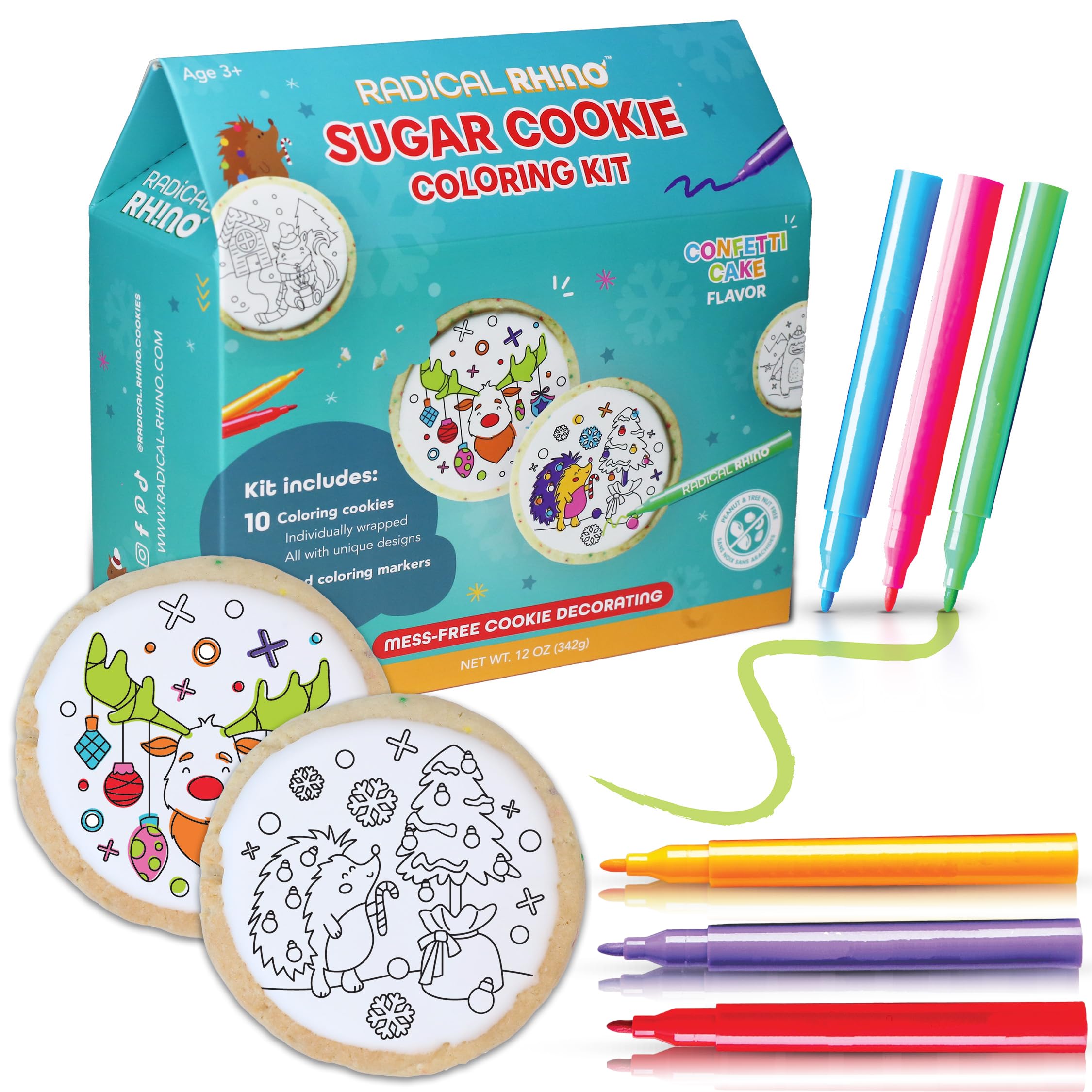 RADICAL RHINOSugar Cookie Coloring Kit - 10 Confetti Cake Sugar Cookies & 6 Food Coloring Edible Markers - Prep, Mess and Chaos Free Decorating Kit - Paint Your Own Cookies - Holiday Theme - 342g