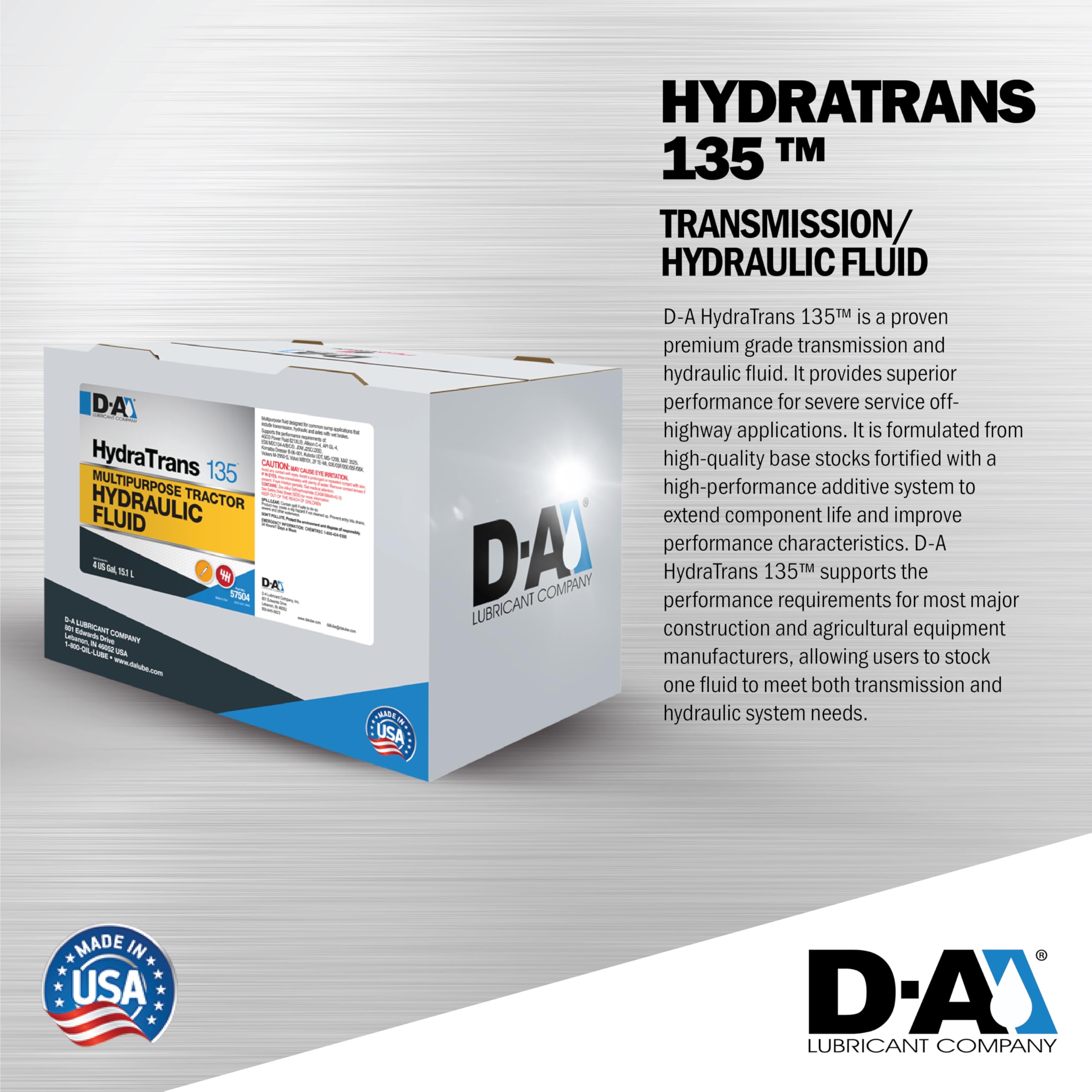 D-A LUBRICANT COMPANY 57504, Hydratrans 135 Premium Grade Transmission and Hydraulic Fluid, 1 Gallon