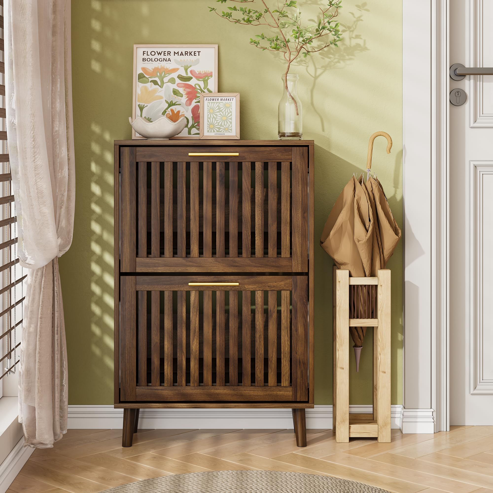 Armoire à chaussures gain de place avec tiroirs pliants et étagères réglables