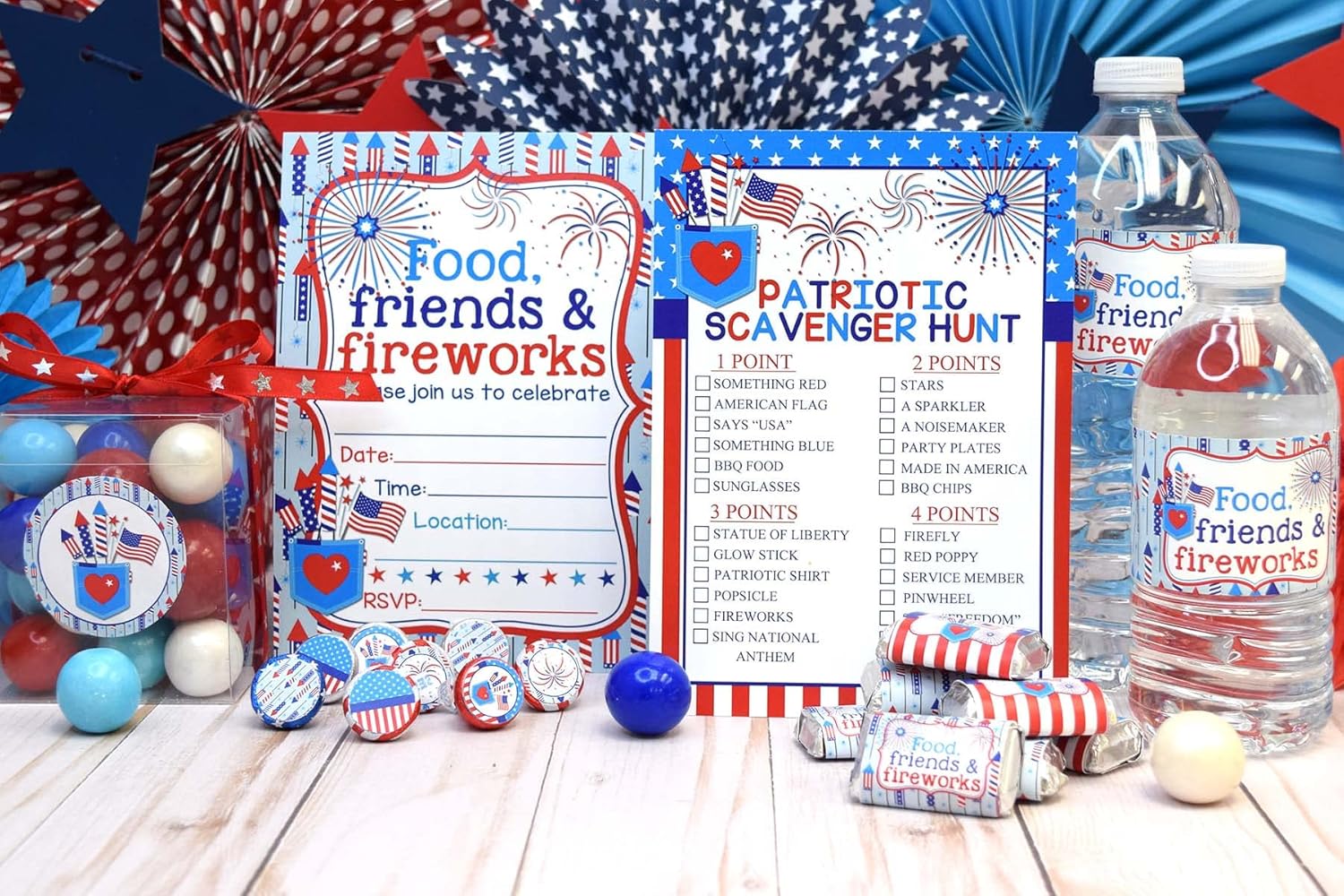 Food, Friends & Fireworks Party Bundle Includes 20 Invitations With Envelopes, 20 Double Sided Game Cards, Two Different Sizes of Stickers, Mini Candy Bar Wrappers & Water Bottle Labels!