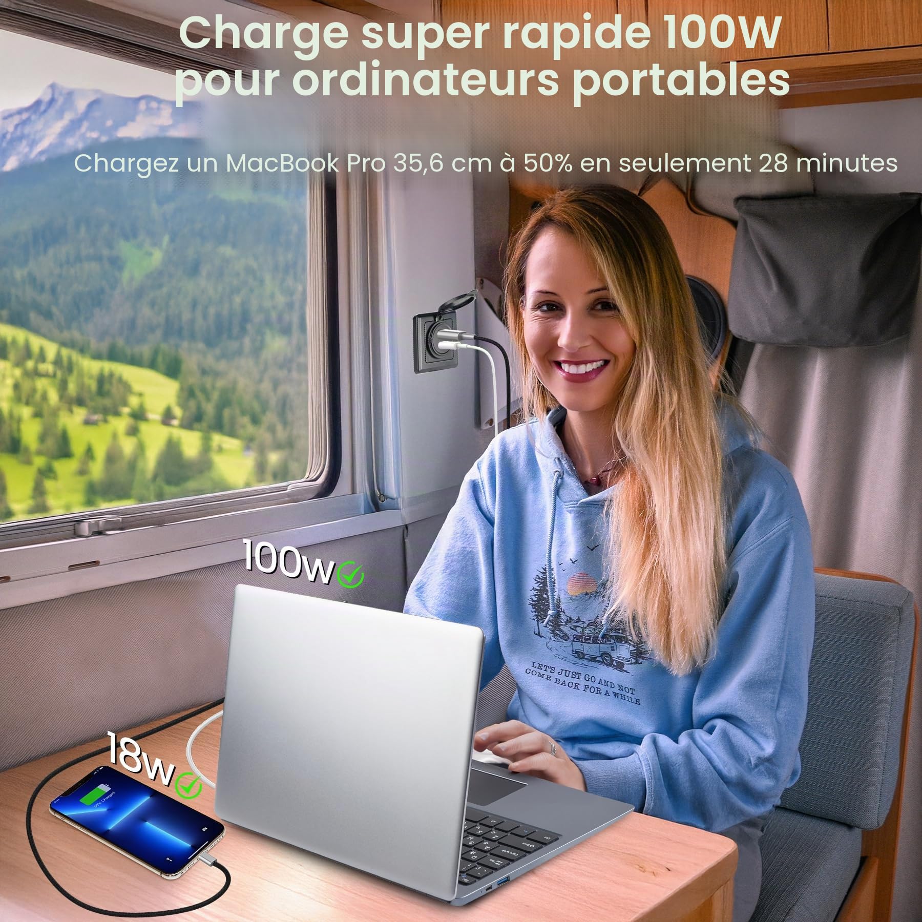 Prise USB 118 W pour véhicule récréatif 100 W PD et 18 W USB-A Double Port, puissante USB-C à Charge Rapide pour Ordinateur Portable, Tablette et téléphones, idéale pour Camping-Car, remorque