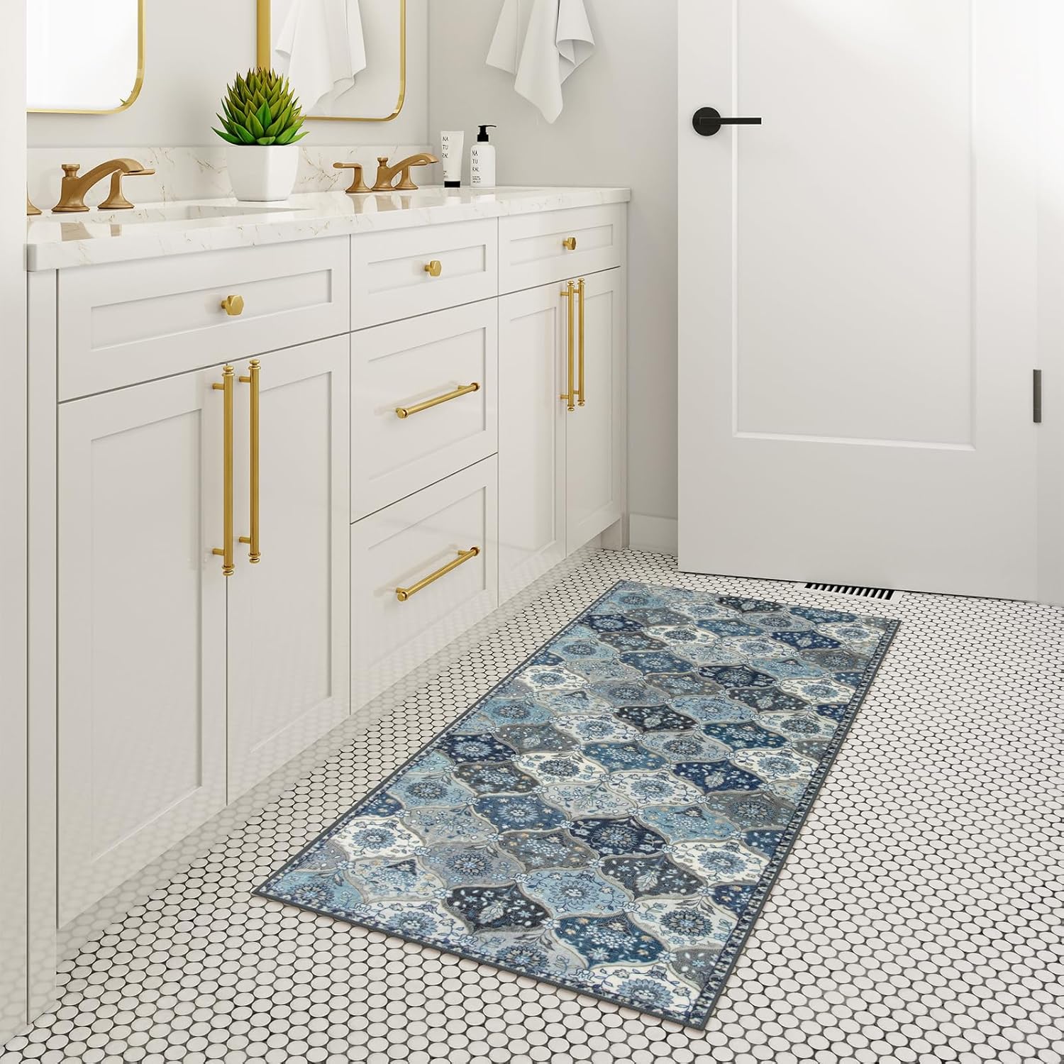 Washable Morrcan Blue Rug, 2x4 Trellis Entryway Rug Non Slip, Stain Restain Small Indoor Door Mat, Kitchen Mat Throw Carpet for Front Entrance Bathroom(2'x4', Blue/Grey) - Image 7