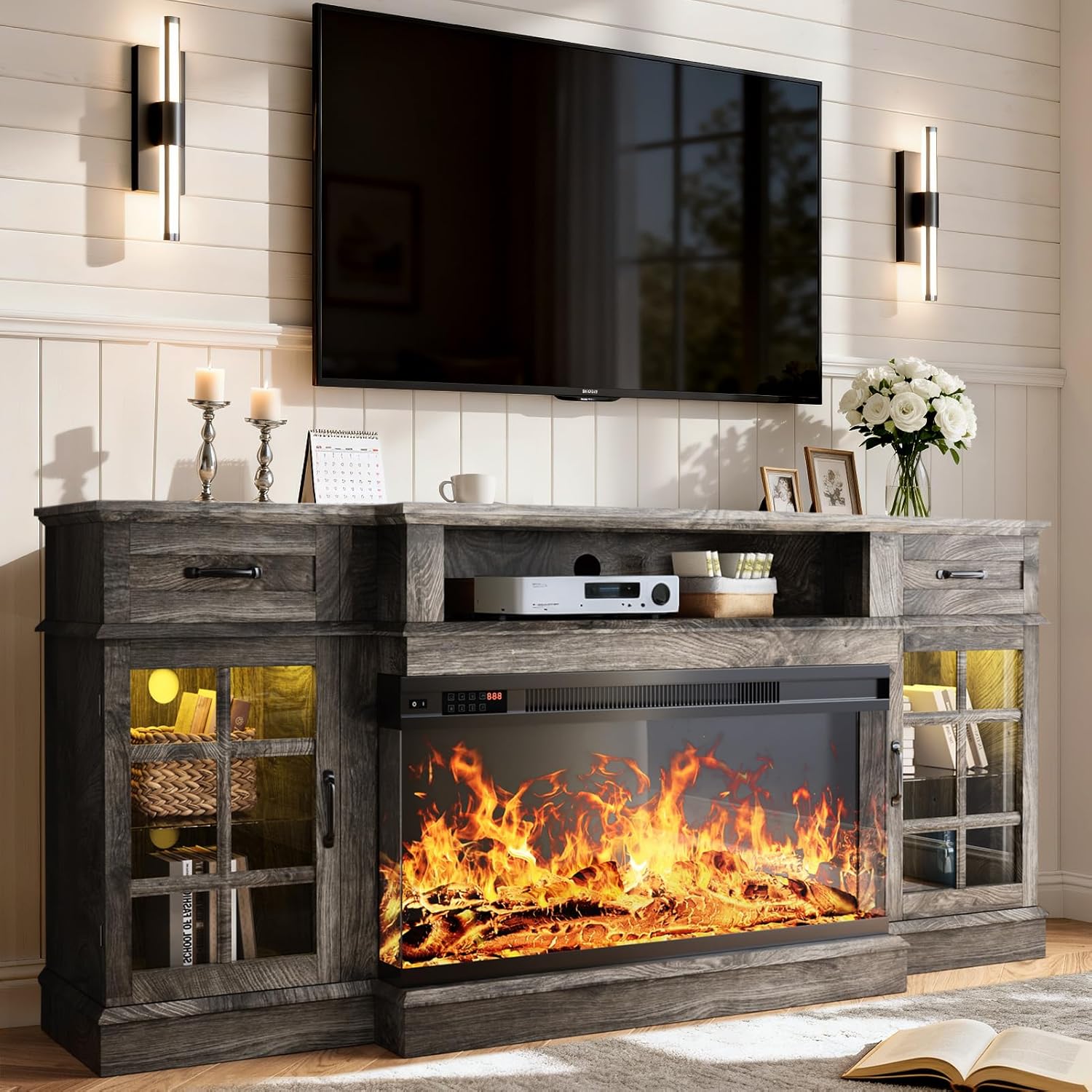 70" TV Stand with 36" Electric Fireplace, Entertainment Center Console Table for TV up to 80'', Fireplace TV Stand with Open Storage Shelves and Glass Door for Living Room, Grey