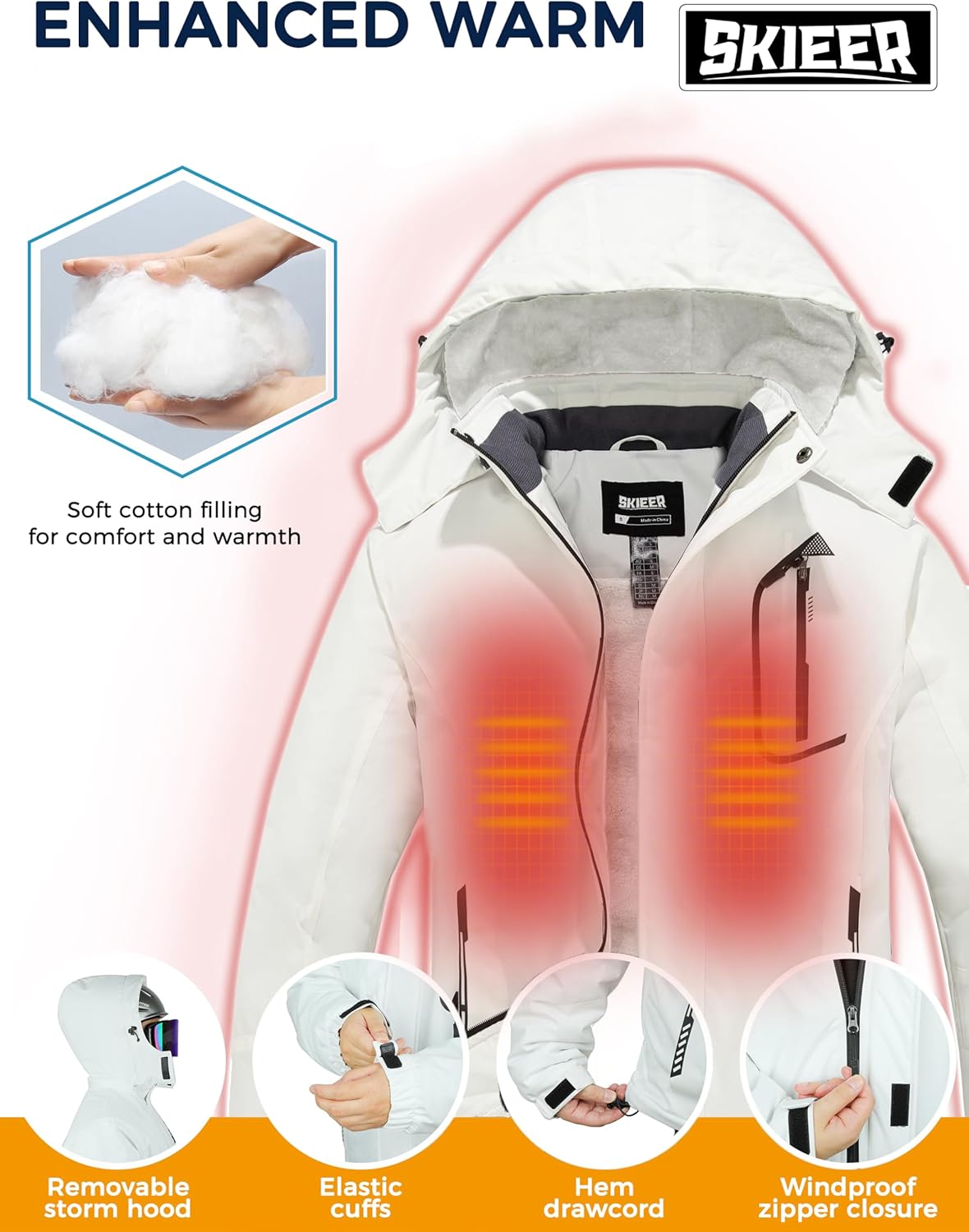 Skieer Men's Mountain Waterproof Ski Jacket Winter Rain Jacket Warm Fleece Snow Coat - Image 5