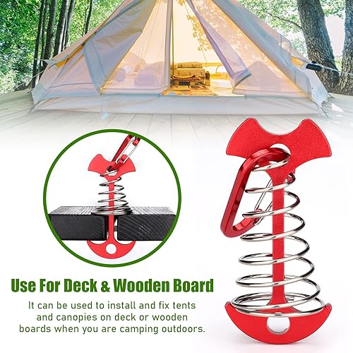 Miniatura 4 de TOBWOLF 10 clavijas de anclaje de cubierta rojas con mosquetones, estacas de aluminio resistentes al viento para tienda de campaña, anclajes de