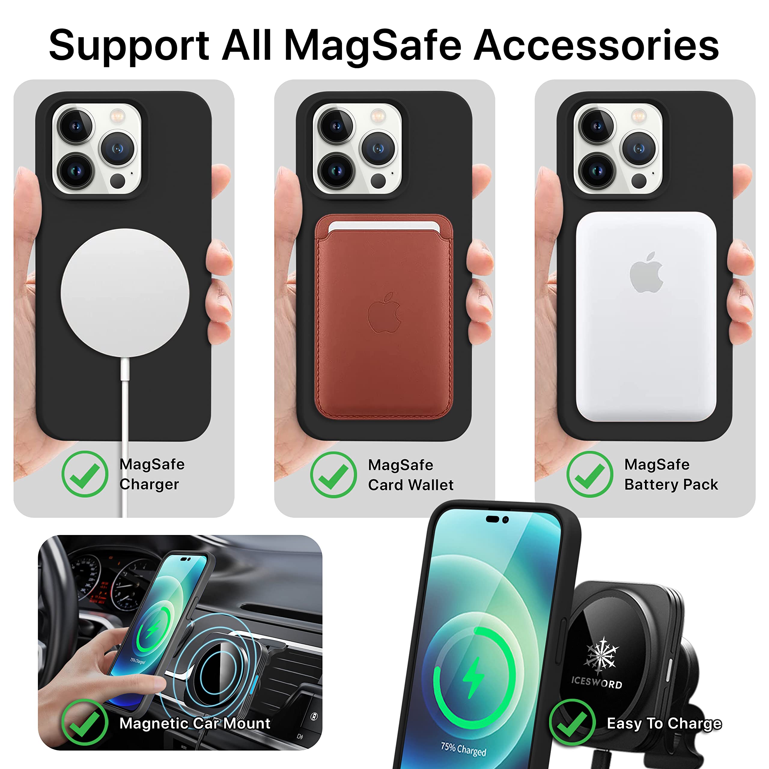 IceSword Coque magnétique pour iPhone 14 Pro - Coque en silicone noir [charge rapide] - Aimants puissants, doublure en microfibre fine - Noir pur mat cool hommes femmes, 2022 6,1" Mag14Pro-noir