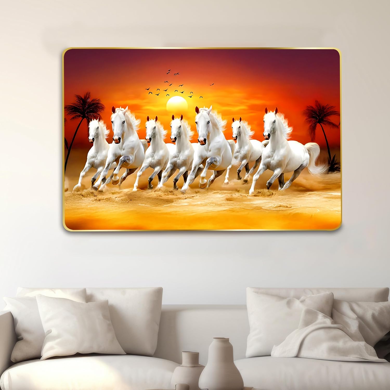 Rousrie 7 Horses Realistic Painting With Frame For Wall Vastu | Seven Running Horse Painting For Wall Decor Living Room Decoration | Big Size Photo Frame (30 X 20 Inch)