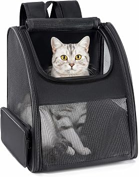 Conlun Cat Backpack Carrier for Small Dogs and Cats Fit Up to 15 Lbs,Small Dog Backpack, Foldable with 3-Side Mesh Windows, Pet Carrier for Travel & Hiking Friendly,Black