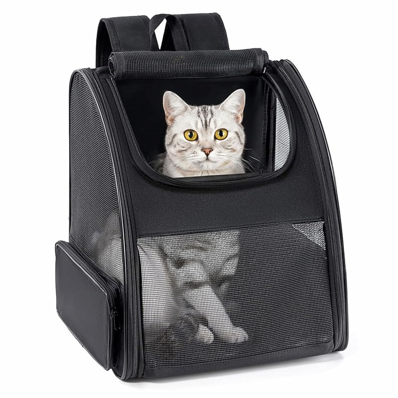Mochila para Transporte de Cães Pequenos e Gatos Conlun com Tela de PVC e Almofada Lavável, Black, 1 unidade