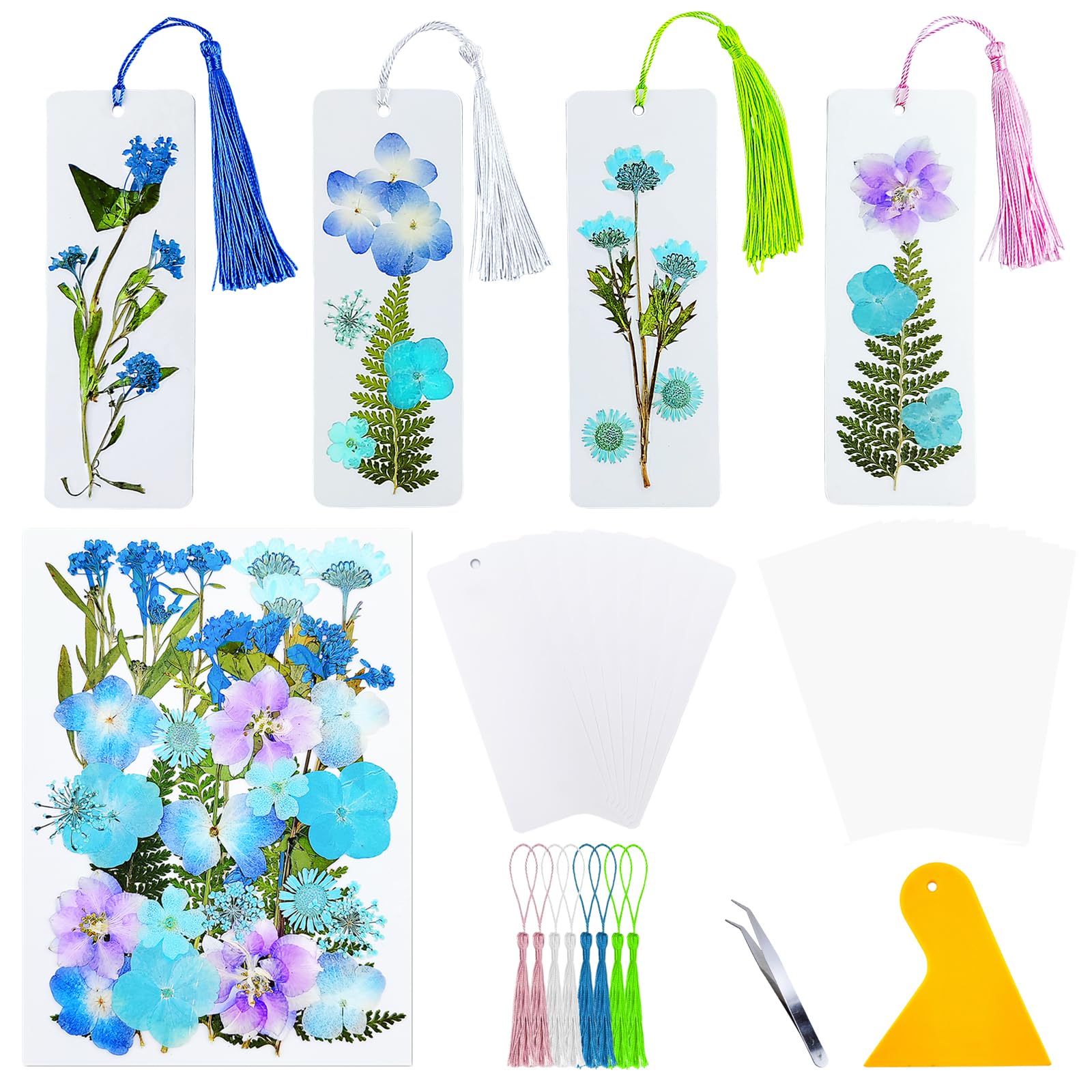 Cardstock Blank Bookmarks Set, 8 Pcs DIY White Craft Bookmarks for Pressed Flowers, Dried Floral Book Mark Making Kit with Pressed Flowers, Tassels, Book Marks for Dried Floral (Light Blue Colour)