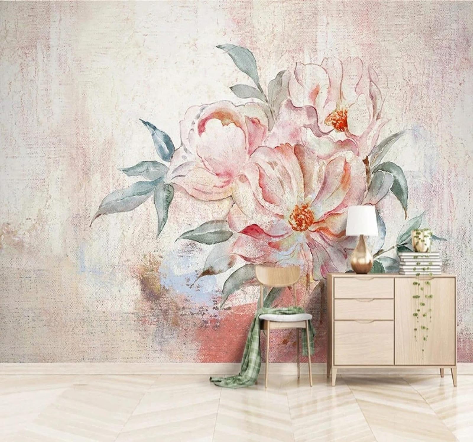 Xlming 150Cm×105Cm(B×H) Vintage Hand Painted Minimalist Pink Peony 3D Wallpaper Luxury Home Dining Decor Paste Sofa Living Room The Wall For Bedroom Mural-150Cm×105Cm