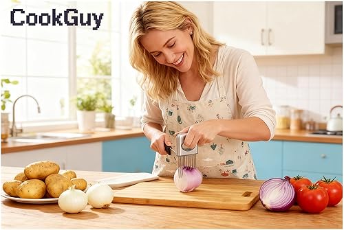 Miniatura 2 de Cook Guy Soporte y rebanador de cebolla de acero inoxidable, herramienta multiusos para rebanar alimentos para cebollas, tomates, aguacates, papas,