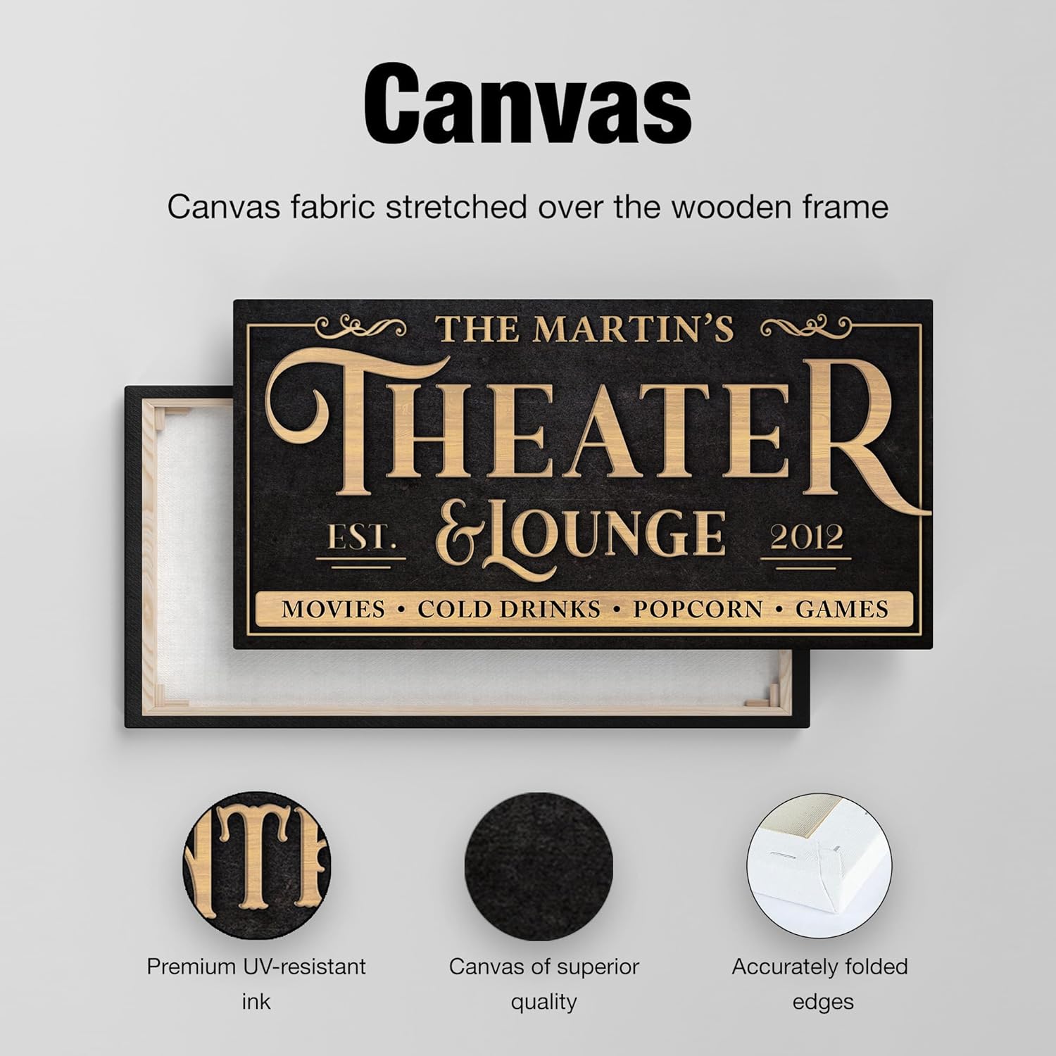 Awesometik Theater Sign Personalized Canvas Wall Decor with Custom Family Name Vintage, Custom Movie Theater Room, Entertainment Hall Living Room Lounge