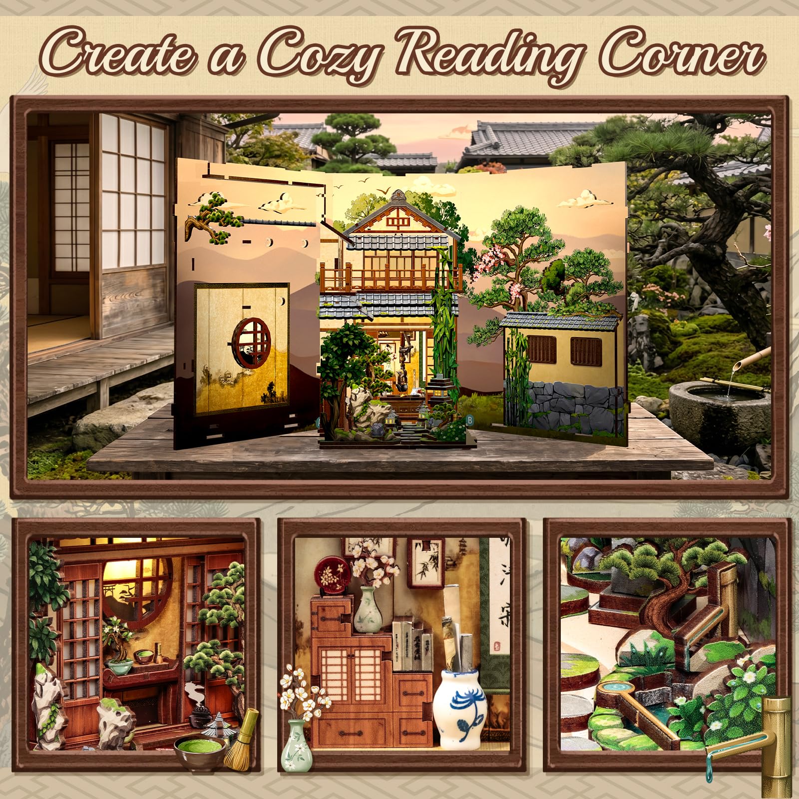 Fsolis Zestaw Book Nook Miniaturowy domek dla lalek - drewniane puzzle 3D dla dorosłych, dekoracja regału i prezent dla entuzjastów majsterkowania (ogród spokoju)