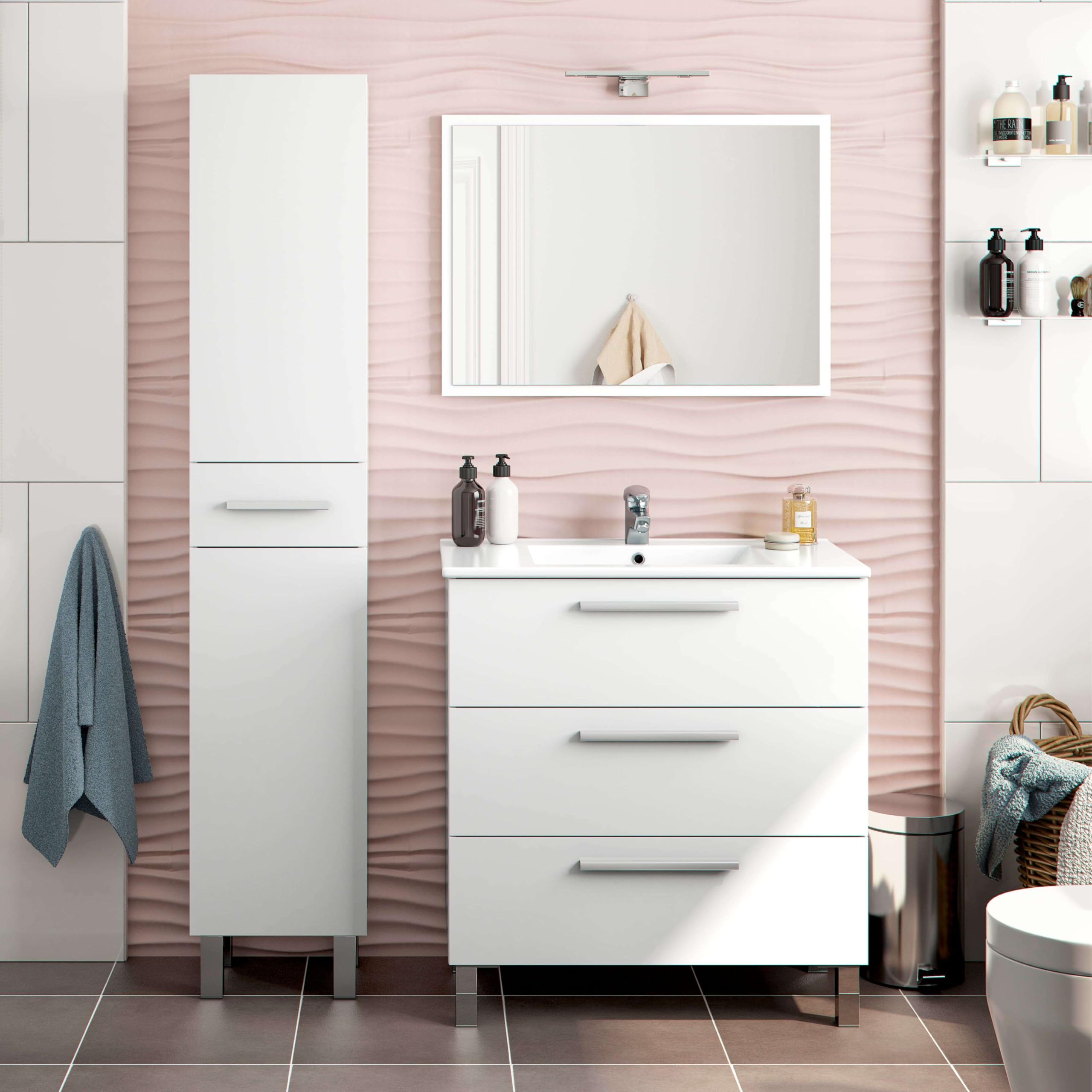 ARKITMOBEL Columna de Baño Athena Estilo Contemporáneo 2 Puertas y 1 cajón Color Blanco Brillo 182x35x31 cm