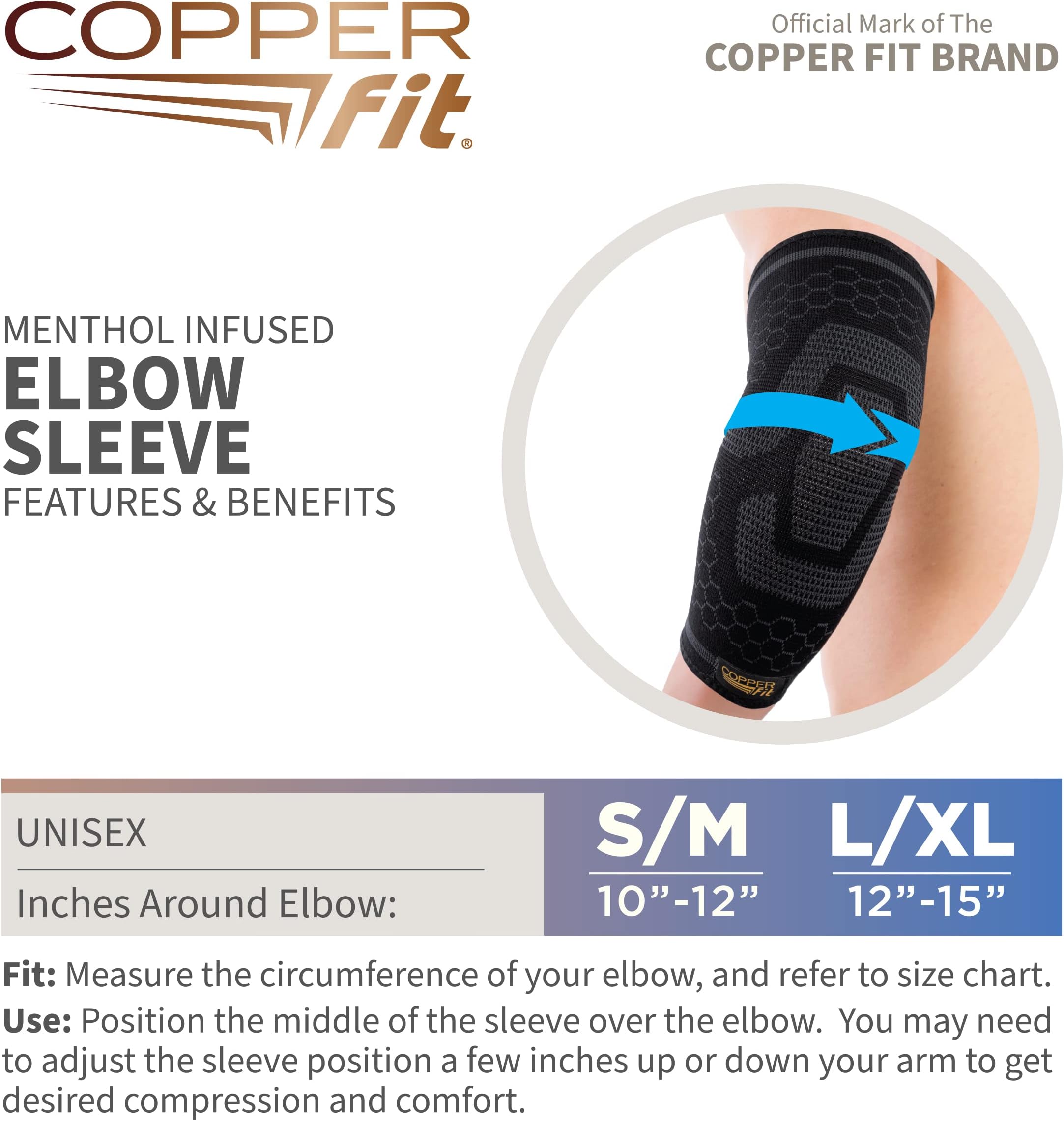 Copper Fit Unisex Adult Copper Fit ICE Elbow Compression Sleeve Infused Menthol, Small/Medium Handkerchief, Black, Small Medium US