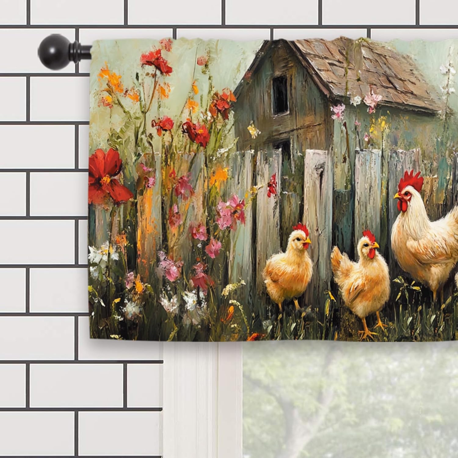 Rooster Chicken Kitchen Curtain Valance 54W x 18L Inch Farmhouse Rustic Farm Rural Country Rod Pocket Short Cafe Small Window Treatment Drapes Decor