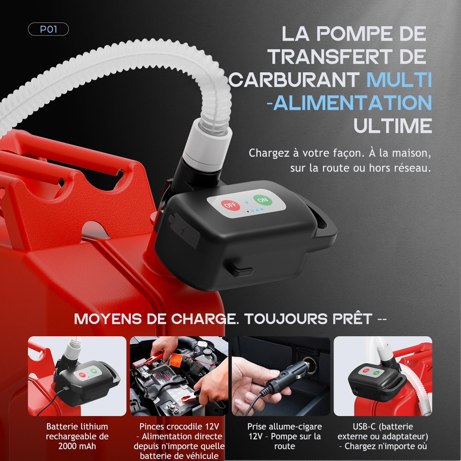 Pompe de transfert de carburant portable avec capteur d'arrêt automatique, pompe diesel électrique 12 l/min avec batterie et câble, pompe à huile rechargeable pour bidons, réservoirs de carburant