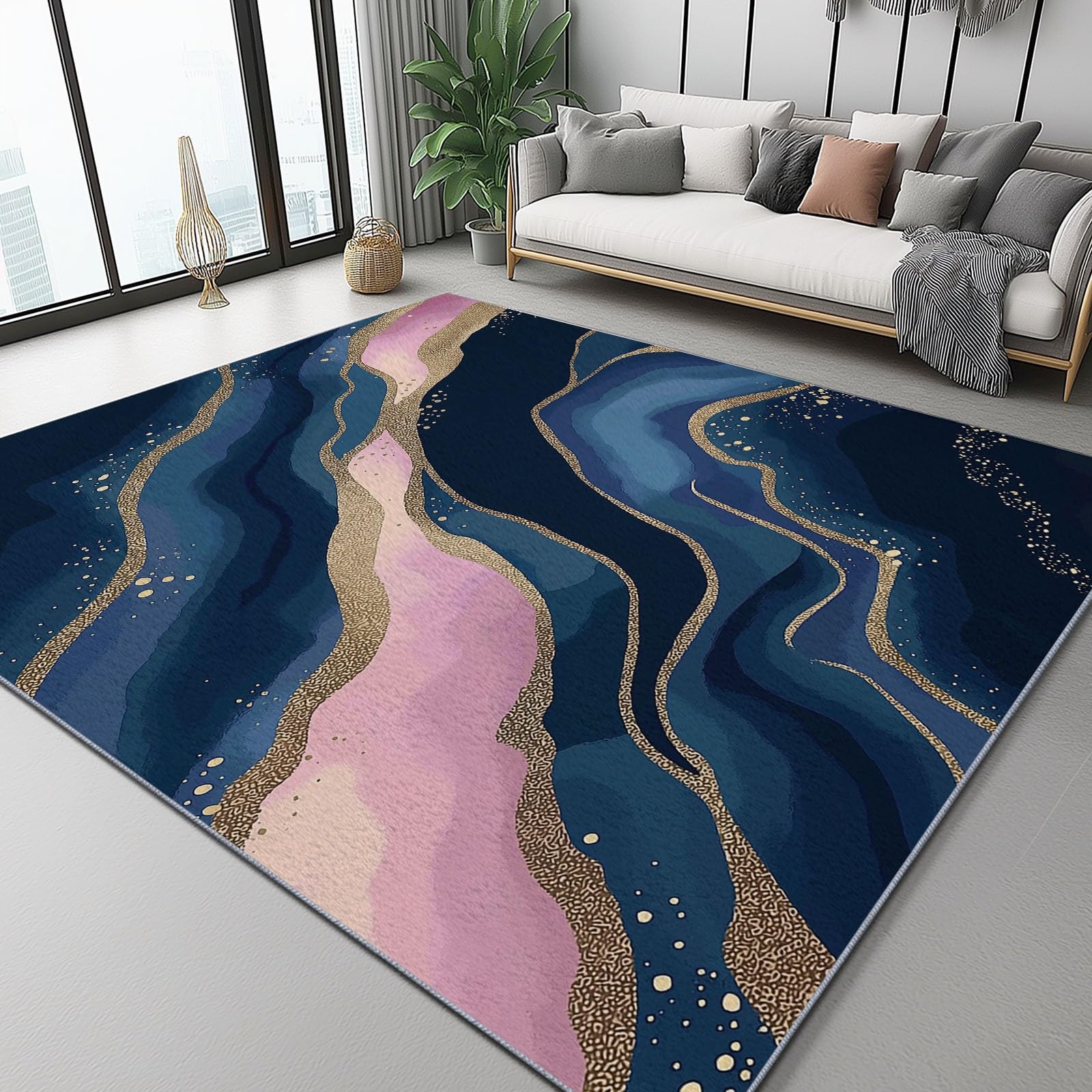 Tappeto 60 X 90 Cm Lusso Leggero Motivo Dorato Fluido, Tappeto In Flanella Pelo Corto Morbido – Lavabile In Lavatrice, Antiscivolo, Facile Da Pulire – Per Salotto, Camera Da Letto – Blu Rosa