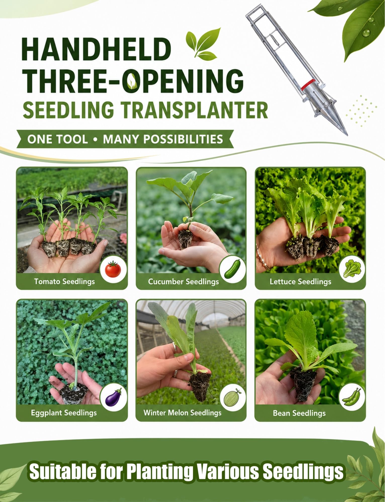 Transplanteur de semis, transplanteur de semis à 3 mâchoires, planteur de bulbes de jardin et perforateur de semis, outil de transplantation de légumes sans effort(10 cm/4 inch,14 cm/5.5 inch)