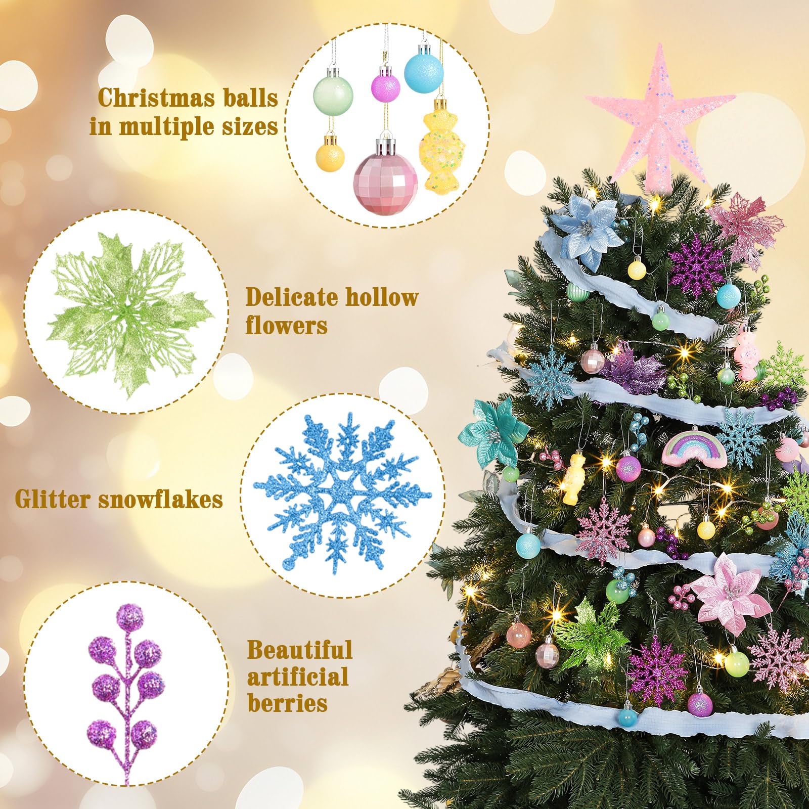 Syhood Lot de 70 décorations de sapin de Noël pastel comprenant des décorations de Noël à paillettes, poinsettia, fleurs, baies, flocons de neige, ruban LED pour décoration de Noël