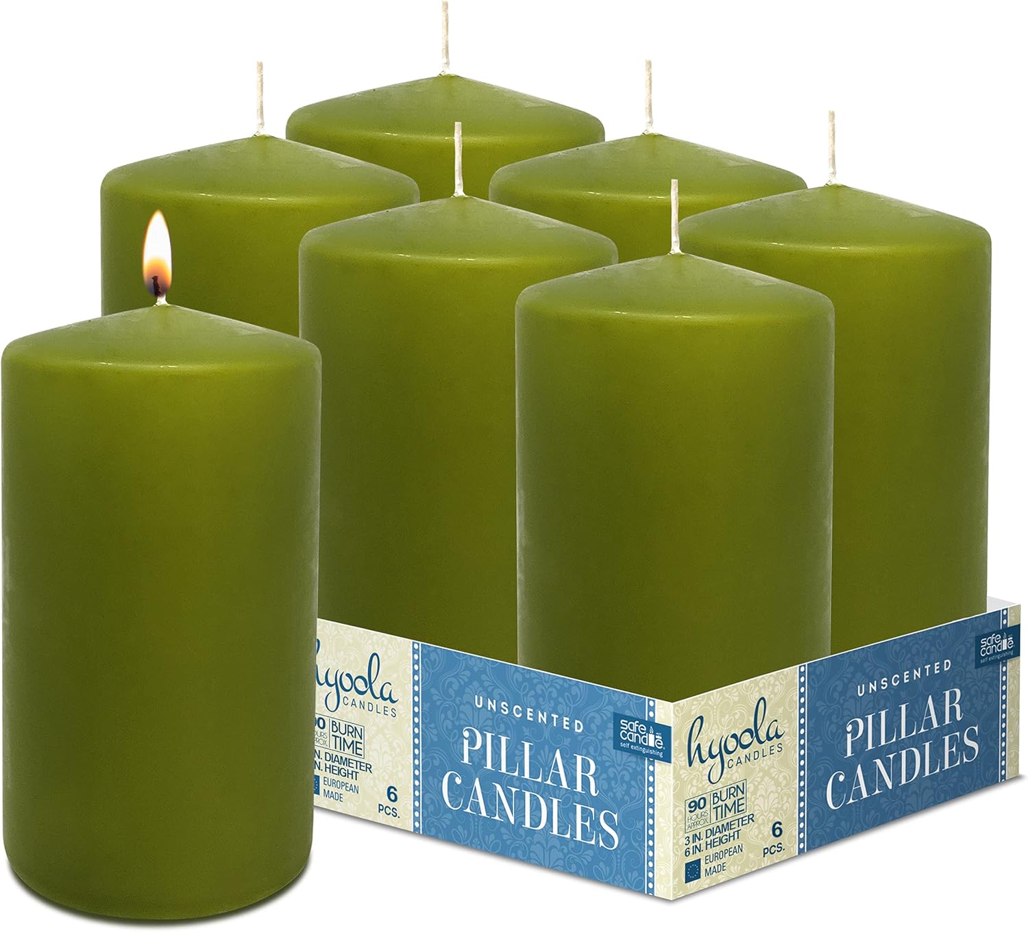 Hyoola Olive Green Pillar Candles 3x6 Inch 6 Pack