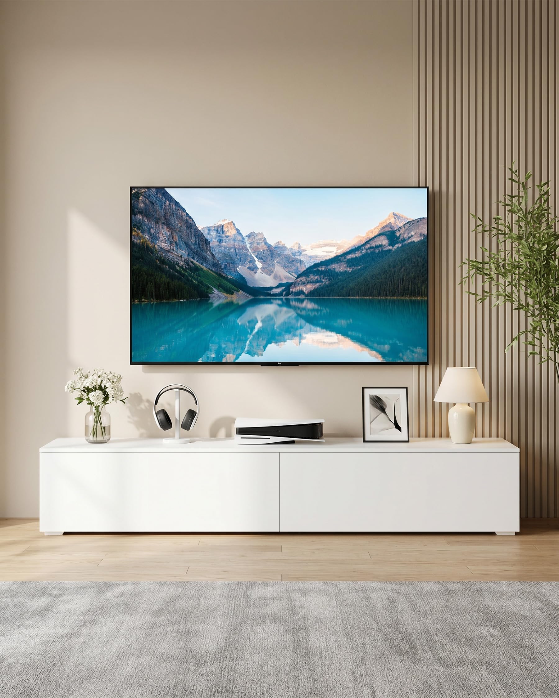 Muebles TV Salon Modernos, Mueble TV Flotante Blanco 180 cm con Espacio de Almacenamiento y Efecto RGB Multicolor Variable