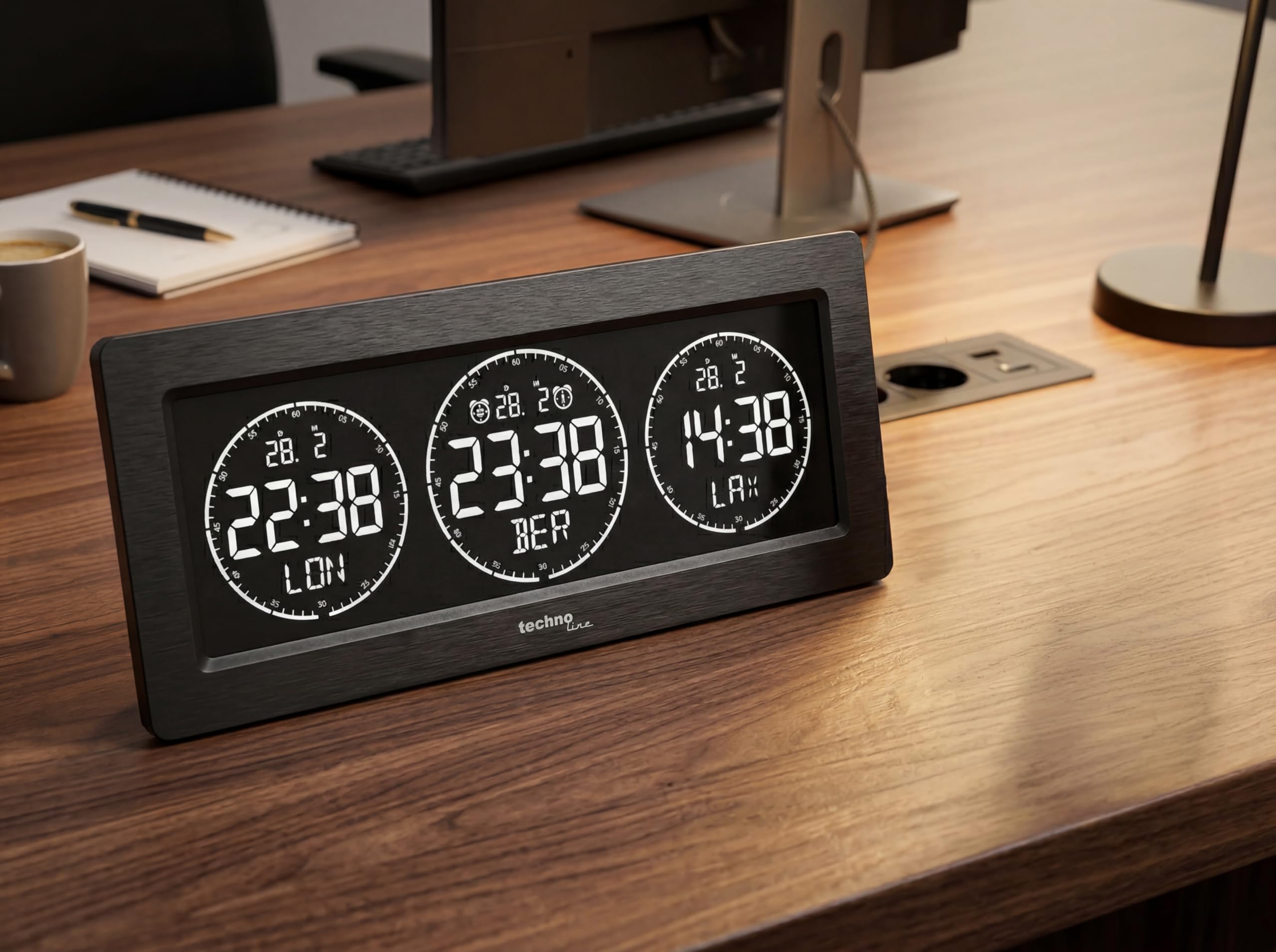 Technoline Horloge numérique Mondiale LED Noir, 3 affichages de l'heure, programmable